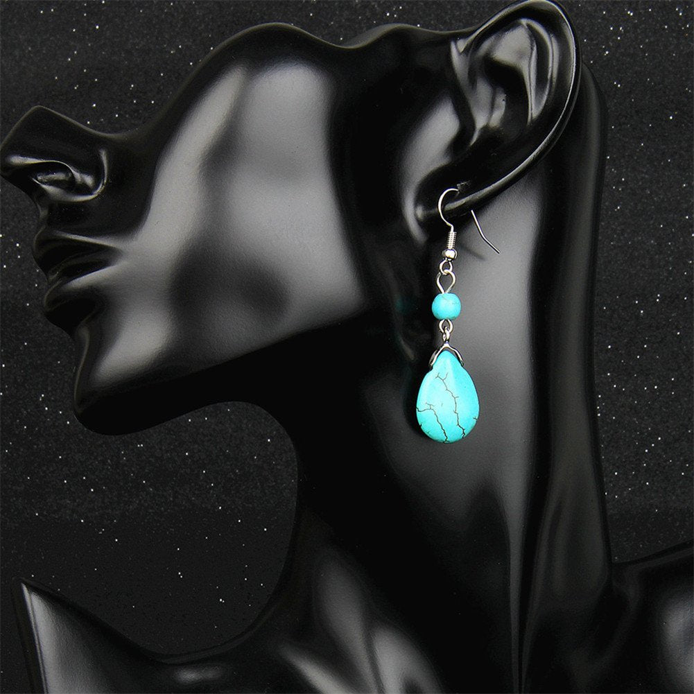 4th of July Earrings Blue Turquoise Drop Earrings Double Stone Round Bead Independence Day Dangle Earring for Women Fashion Jewelry Gift­ (E:blue)