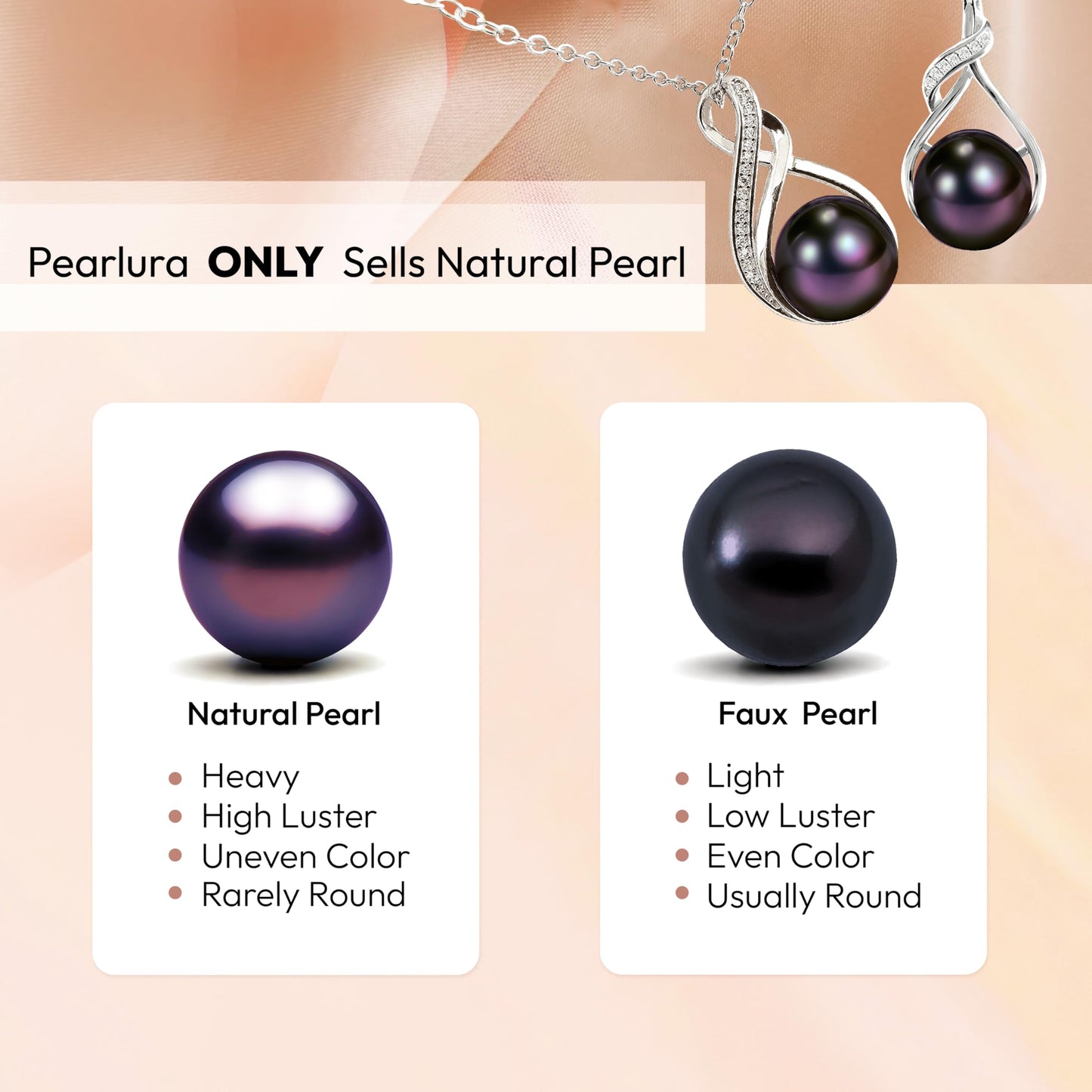 PEARLURA Black pearl necklace for women (Natural AAA+ 9mm) - Wedding anniversary's gift for wife (925 sterling Silver)- christmas gifts for wife - Real pearls necklace for women - black pearls necklace - pearl pendant