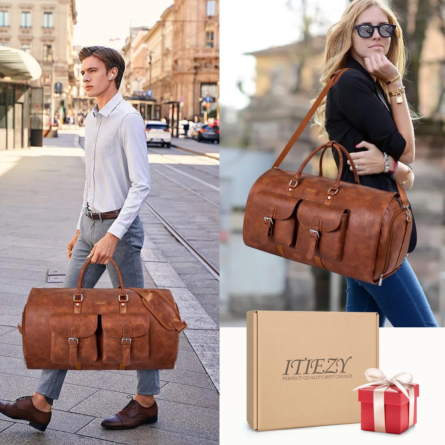 Garment Bag for Travel, Convertible Carry on Garment Duffel Bag for Men 3Pcs, Faux Leather Waterproof Large Weekender Bag for Men 2 in 1 Hanging Suitcase Suit Dress Business Travel Bag