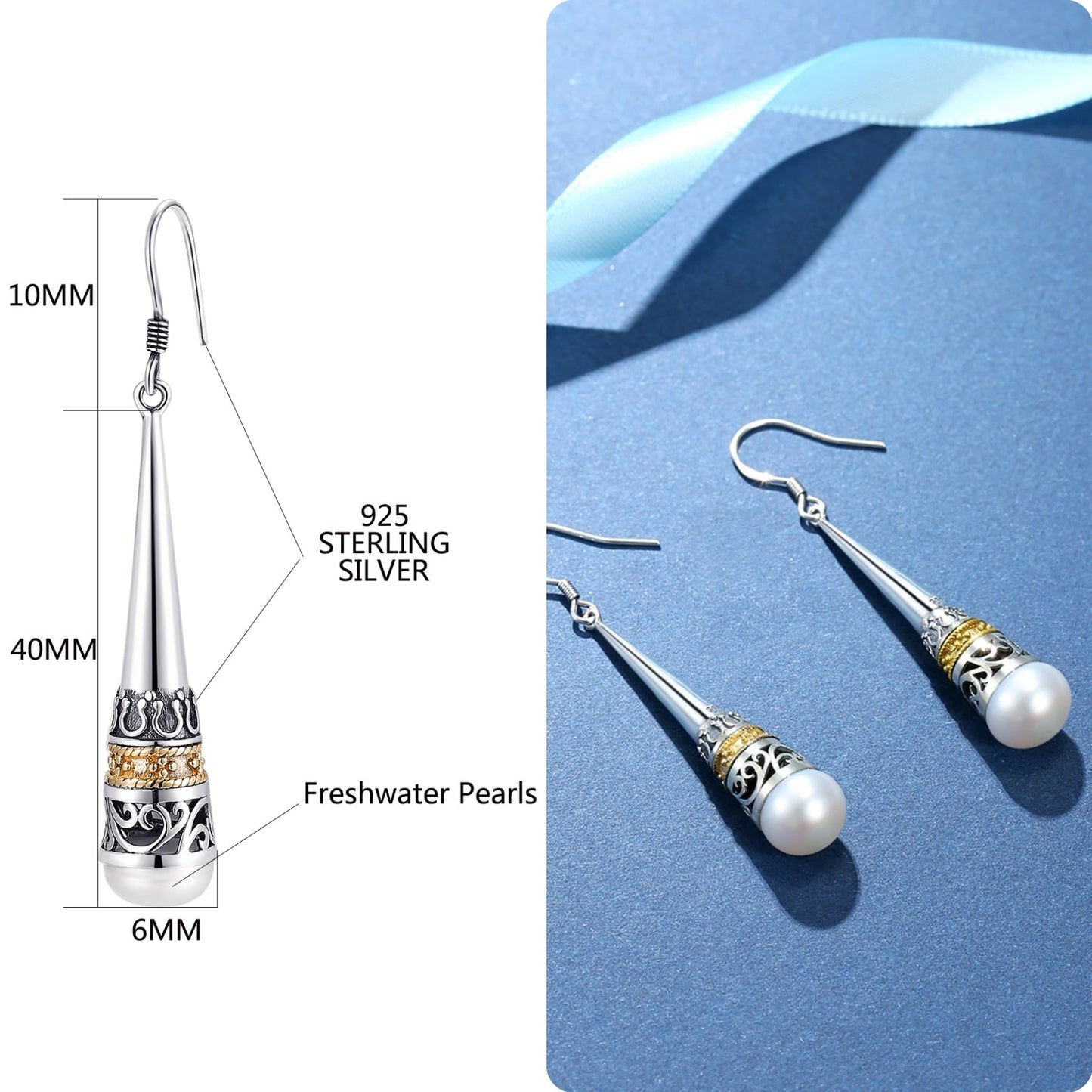 MetJakt Vintage 925 Sterling Silver Drop Earring Natural 6mm Freshwater Pearl Earring for Women's Jewelry
