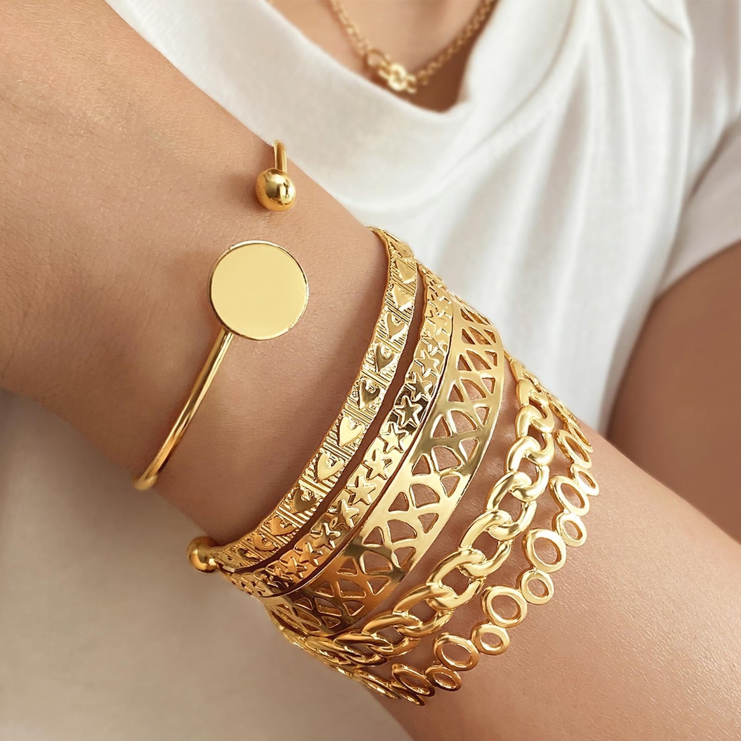 IFKM Gold Bangle Bracelets For Women 14k Gold Plated Multi Layer Stackable Cuff Bracelet Set, Trendy Elegance Charms Non Tarnish Minimalist Textured Boho Jewelry for Women (6pcs Hollow love five-pointed star)