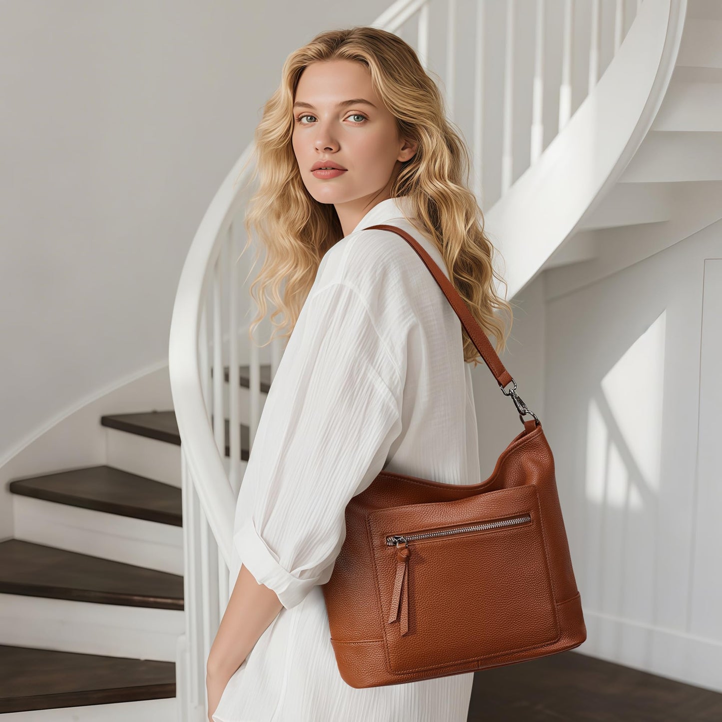 befen Real Leather Crossbody Bucket Bags for Women, Women's Lightweight Cross Over Shoulder Purses with Multiple Compartments Brown Large Leather Bag
