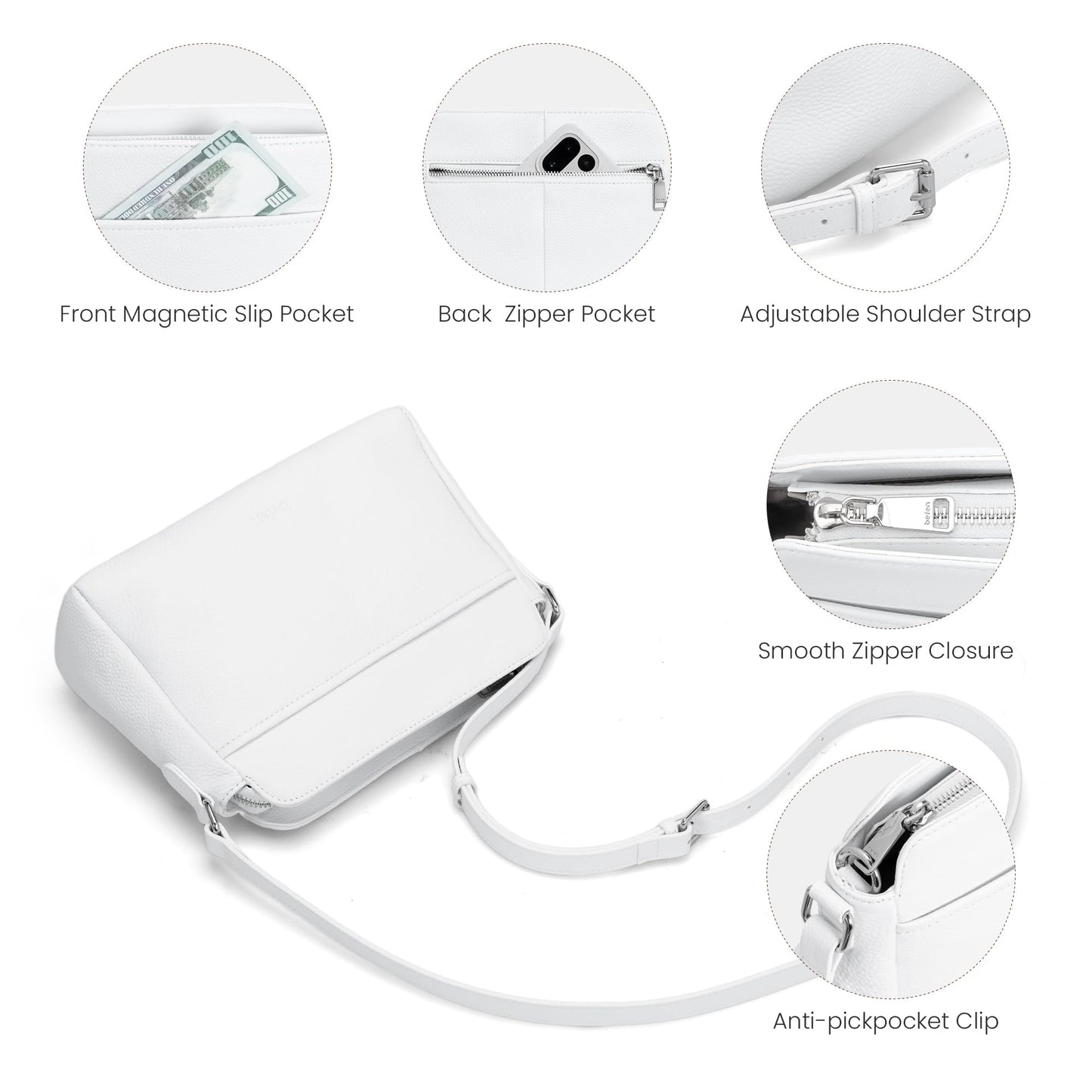 befen Small White Purses for Women Genuine Leather Crossbody Bags with RFID Blocking Anti Theft Travel Cross Body Hangbags 2026 Spring Summer Purse