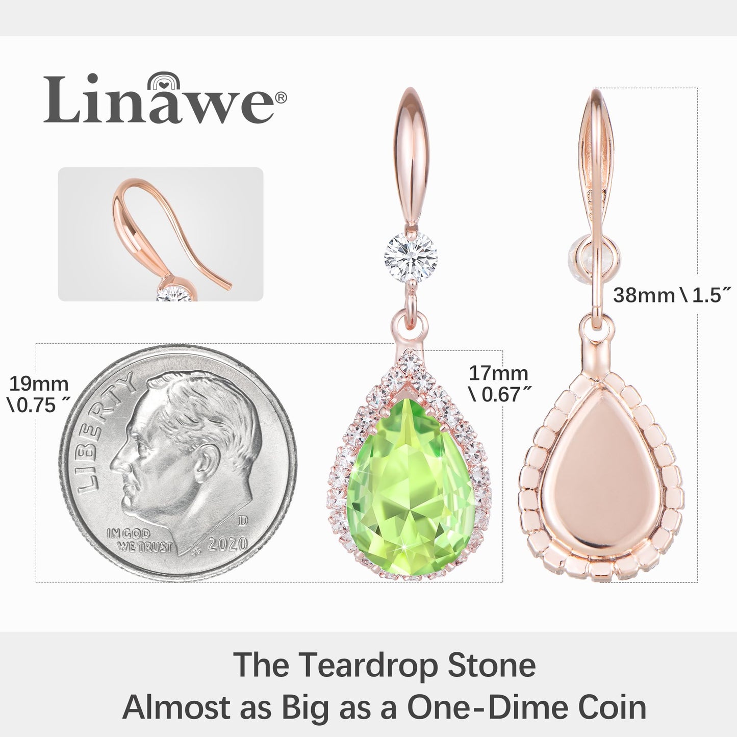 Linawe Lime Green Earrings for Women Trendy, Rose Imitation Gold Plated Lab Created Peridot Crystal Imitation Diamond Rhinestone Teardrop Drop Dangle Earrings Dangling, Cubic Zirconia Birthstone Jewelry
