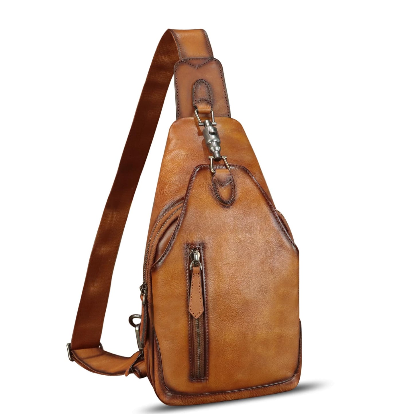 FEIGITOR Genuine Leather Sling Bag Retro Crossbody Sling Backpack Handmade Chest Shoulder Bag Daypack Purse Fanny Pack (Brown)