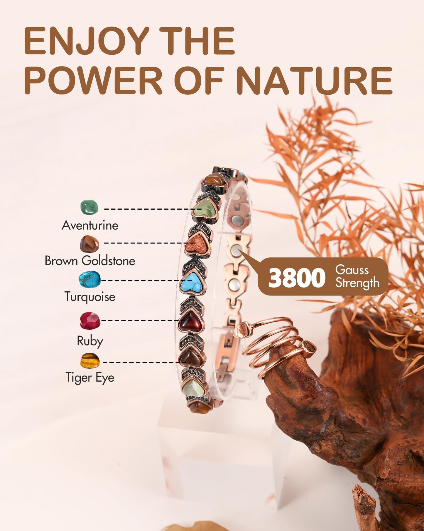 Feraco Pure Copper Bracelets & Rings for Women, Ultra Strength Magnetic Copper Bracelet with 3800 Gauss Magnets, Natural Turquoise & Stones, Adjustable Jewelry Gift (Heart Bloom)
