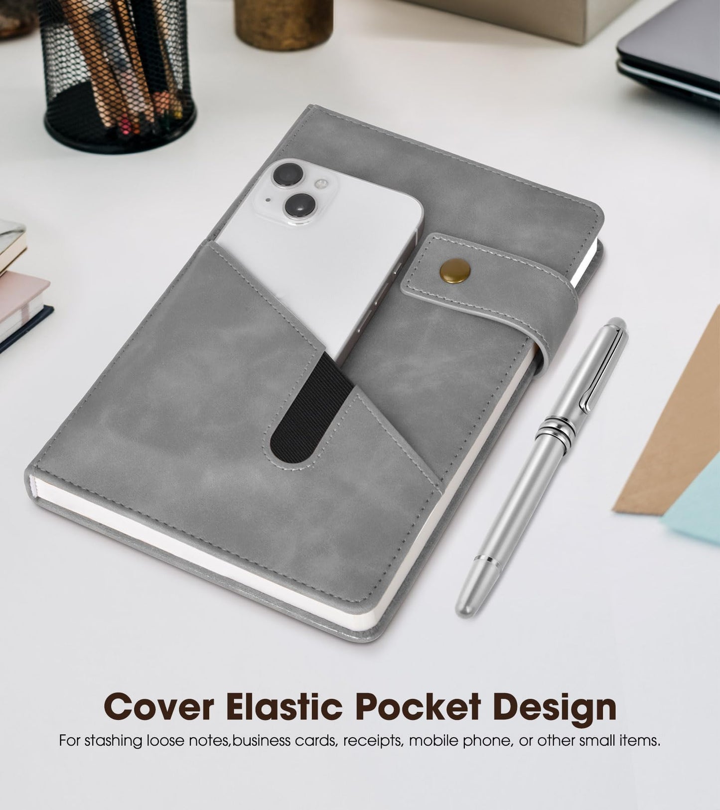 Lined Journal Notebook with Pen, A5 Personalized Hardcover Leather Journal for Men Women, 200 Pages 100 GSM Thick Paper College Ruled Notebooks for Work Travel School Writing Diary 5.9" X 8.4" Grey