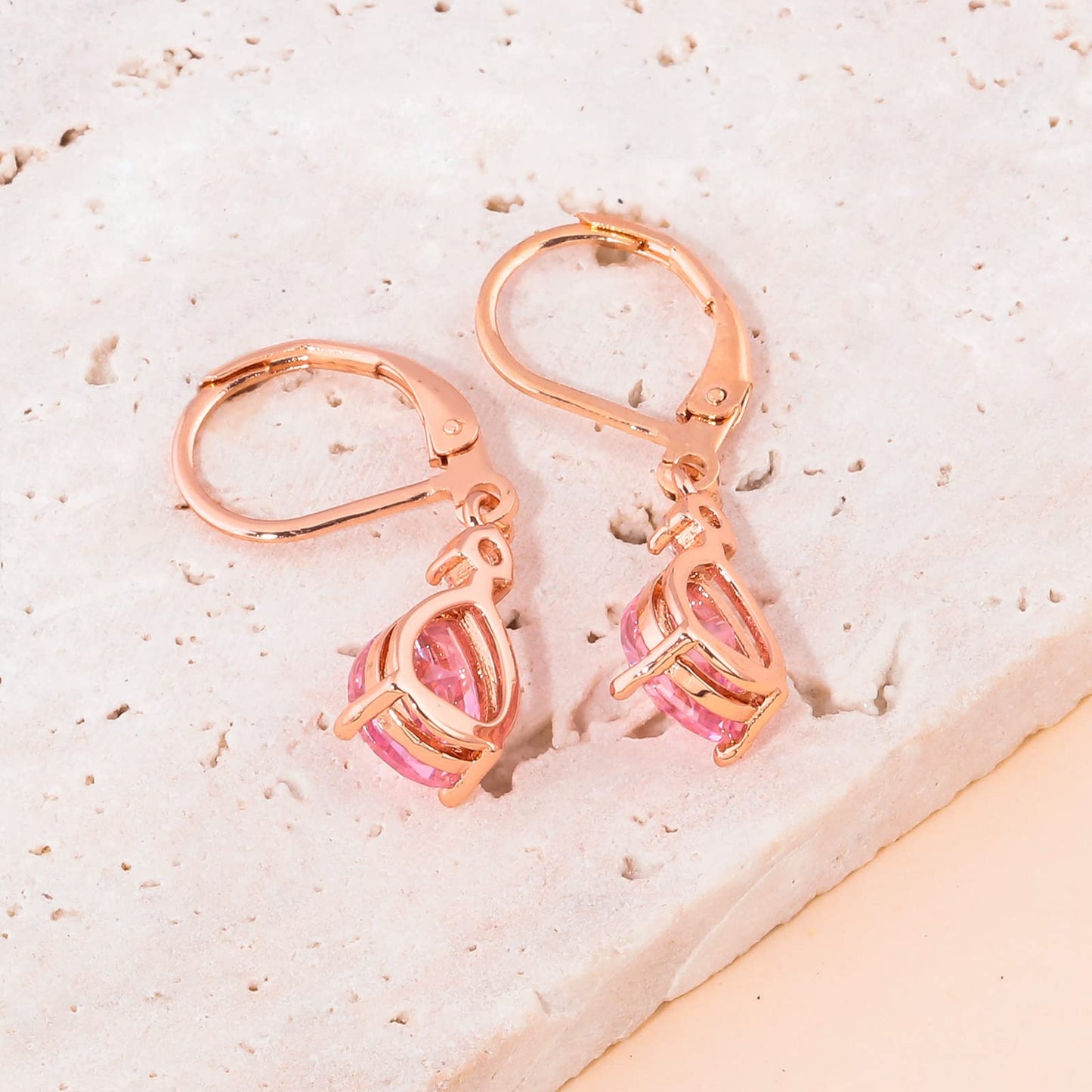 CiNily Leverback Dangle Earrings for Women 14K Rose Gold Plated Drop Earrings Pink Cubic Zircon Fashion Teardrop Hoop Earrings Hypoallergenic Jewelry