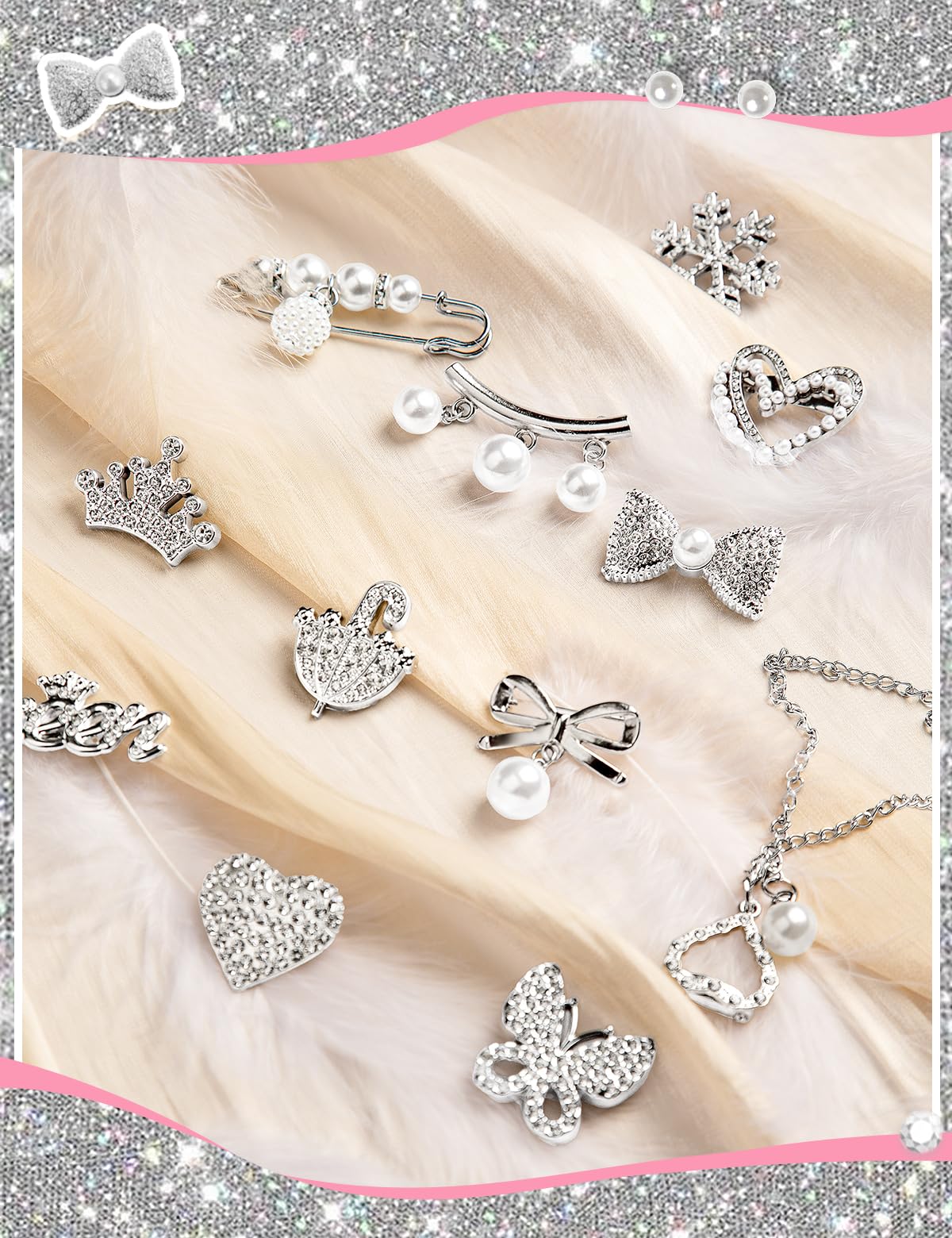 RQAYE Silver Shoe Charms for Sneakers, Junk Socks Charms Kit, Brooches and Pins for Women, Pearl and Rhinestone Sock Charm with Safety Pins,DIY Accessories for Decorating and Personalizing Socks
