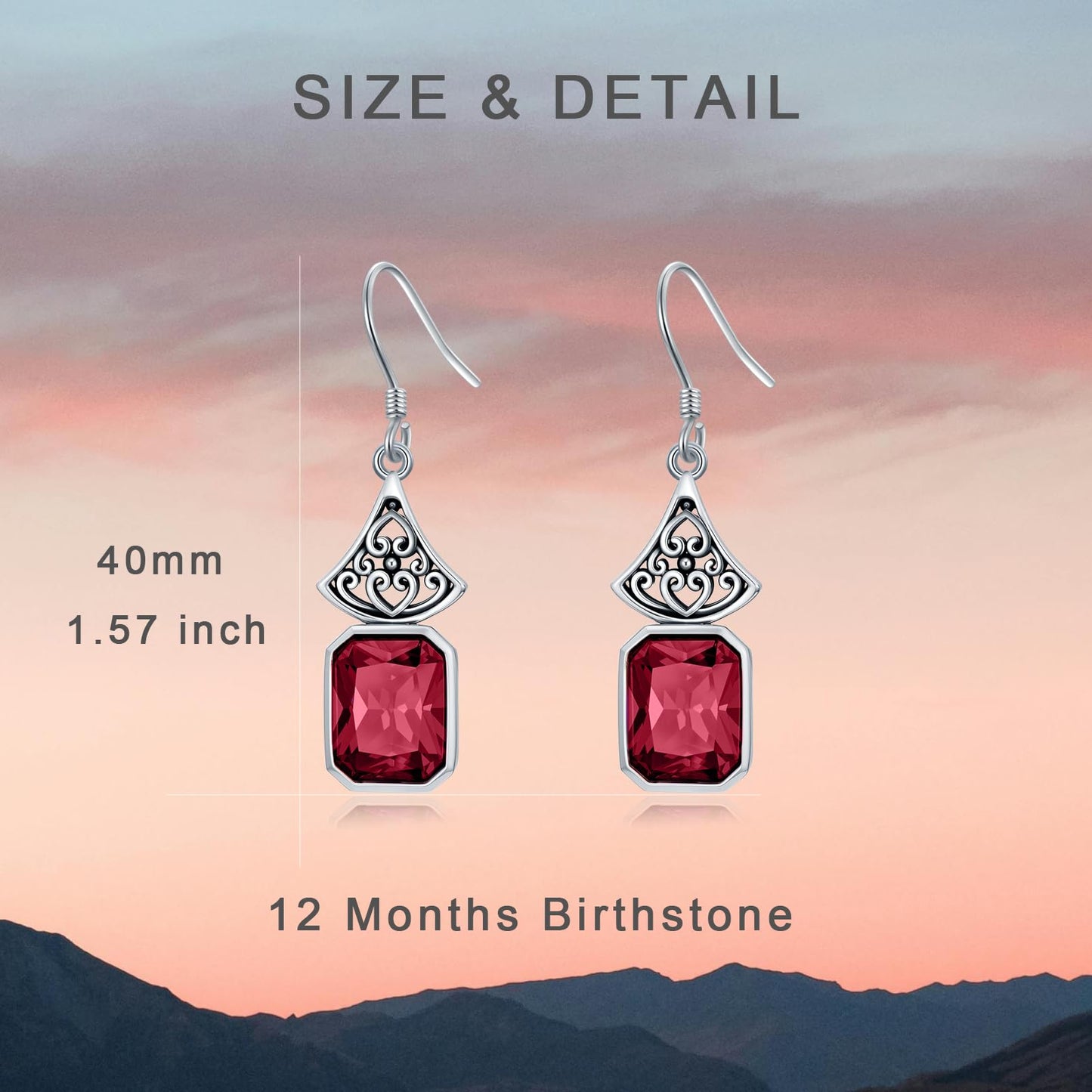 Vintage Earrings 925 Sterling Silver Oxidized Dangle Drop Earrings with Emerald Cut Red Ruby July Birthstone Anniversary Jewelry Gifts for Women