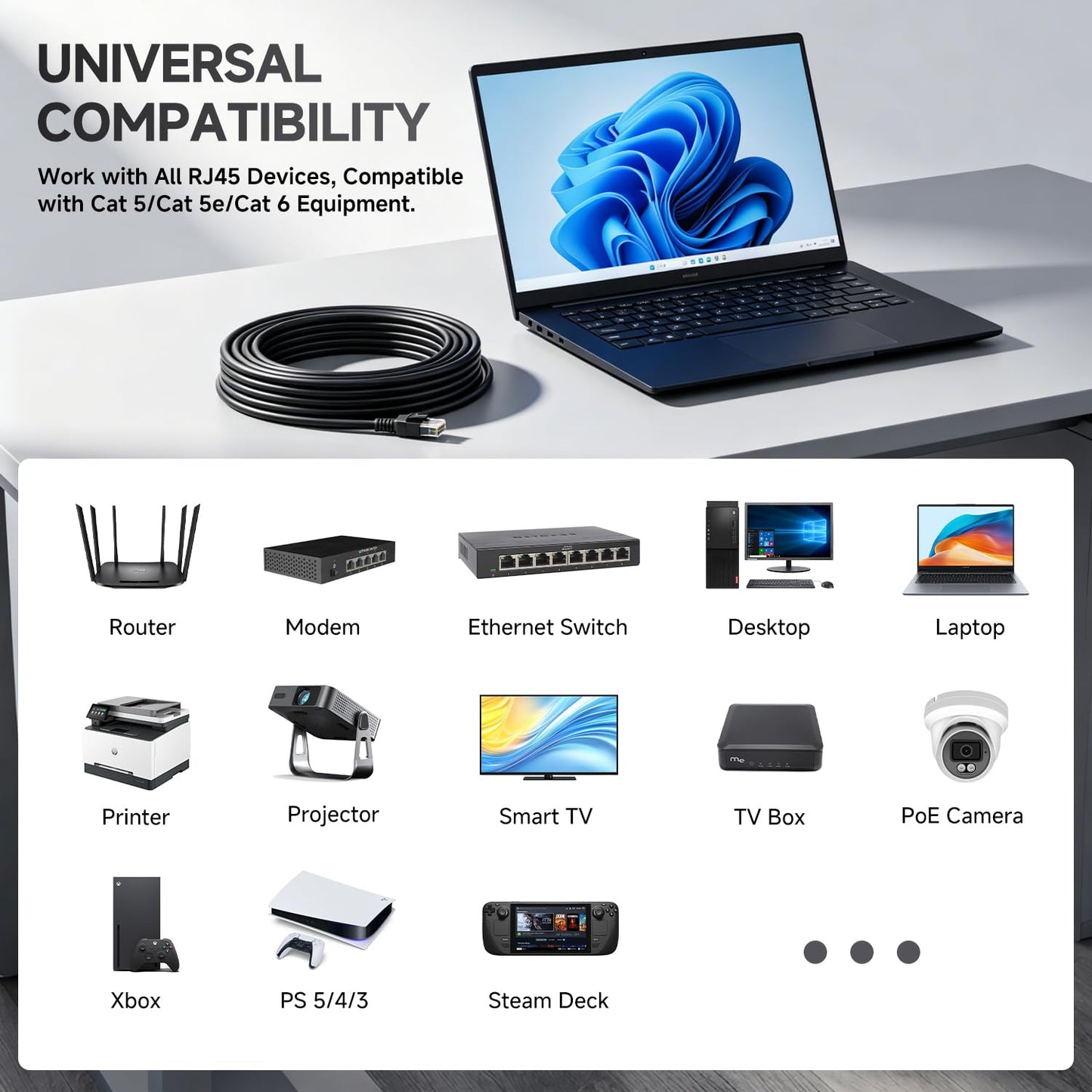 50ft 15M Cat6 RJ45 24AWG CAT6 10Gbps Ethernet Cable, LAN Patch Cable, UTP Snagless High-Speed Wired Internet Cable
