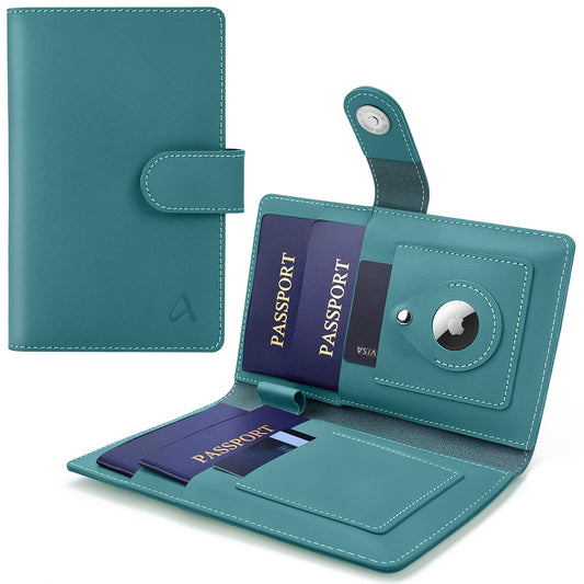 ALLIVE Family Passport Holder for Women & Men, RFID Blocking Passport Wallet with AirTag Slot, Genuine Leather Passport Cover Family Travel Gift & Airport Essentials (Lake Blue)