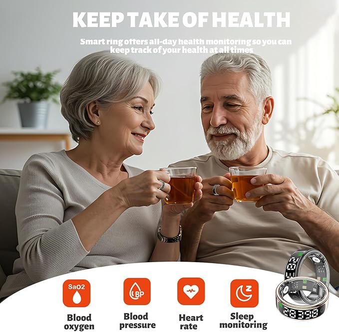 Smart Health Ring for Women Men, Smart Ring Fitness Tracker for iOS Android, Heart Rate, Blood Oxygen, Blood Pressure, Sleep Monitoring,5ATM Waterproof, No Subscription Fee (Gold, 10#)