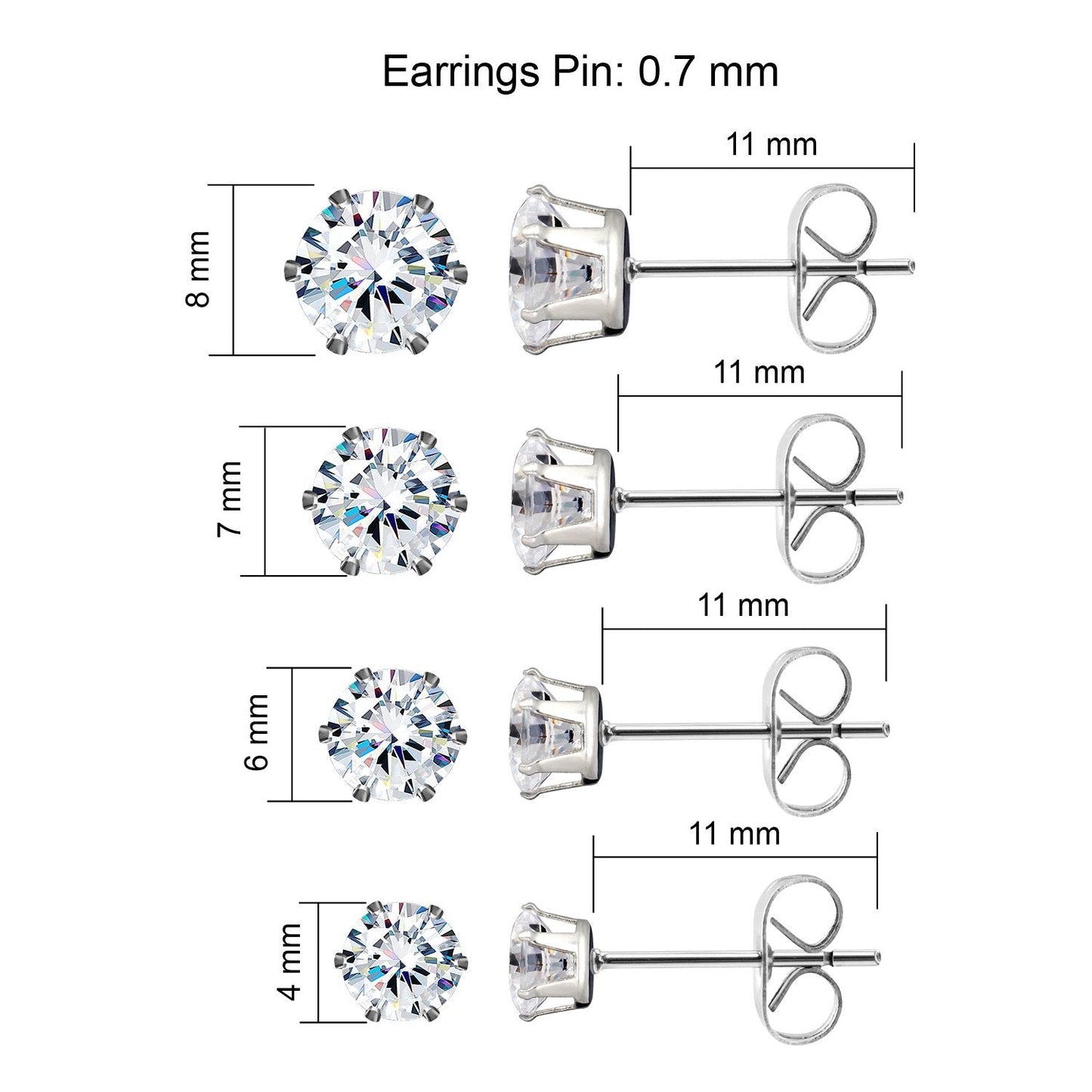 JewelrieShop Earrings for Women Studs Set Stainless Steel CZ Earing Hypoallergenic Multiple Piercing Ear Stud (8 pairs,4-8mm,White,Red CZ)