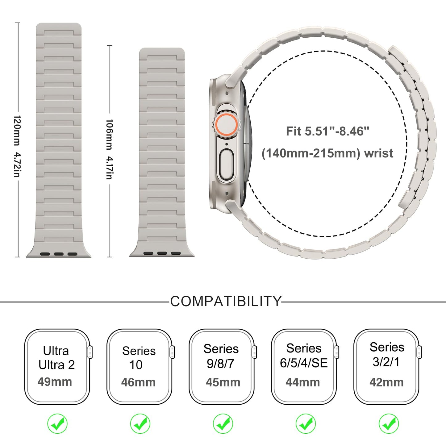 Suphart Strong Magnetic Bands Compatible with Apple Watch Band 49mm 46mm 45mm 44mm 42mm 41mm 40mm 38mm, Silicone Strap for iWatch Ultra 2 SE Series 10 9 8 7 6 5 4（49/46/45/44/42mm, Starlight）