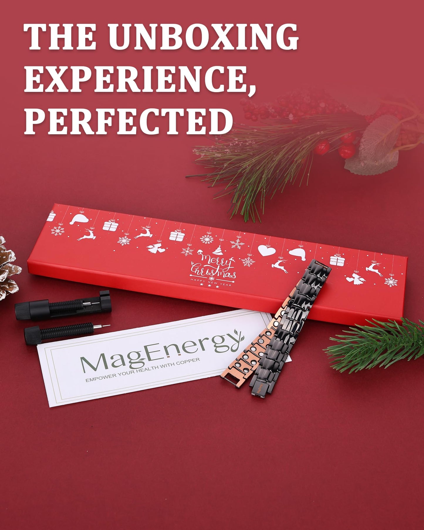 MagEnergy Mens Copper Magnetic Bracelets, Christmas Gifts Box, 99.9% Pure Copper Bracelet with Double-Row Strength Magnets, Adjustable Jewelry with Sizing Tool