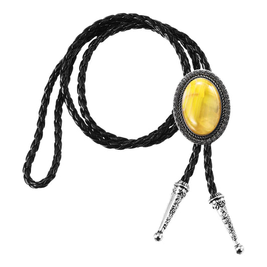 PATIKIL Bolo Tie for Men, Western Cowboy Leather Necktie Agate Bolo Tie Necklace Cowhide Rope Necktie for Women Men Costume Traditional Vintage Accessories, Yellow