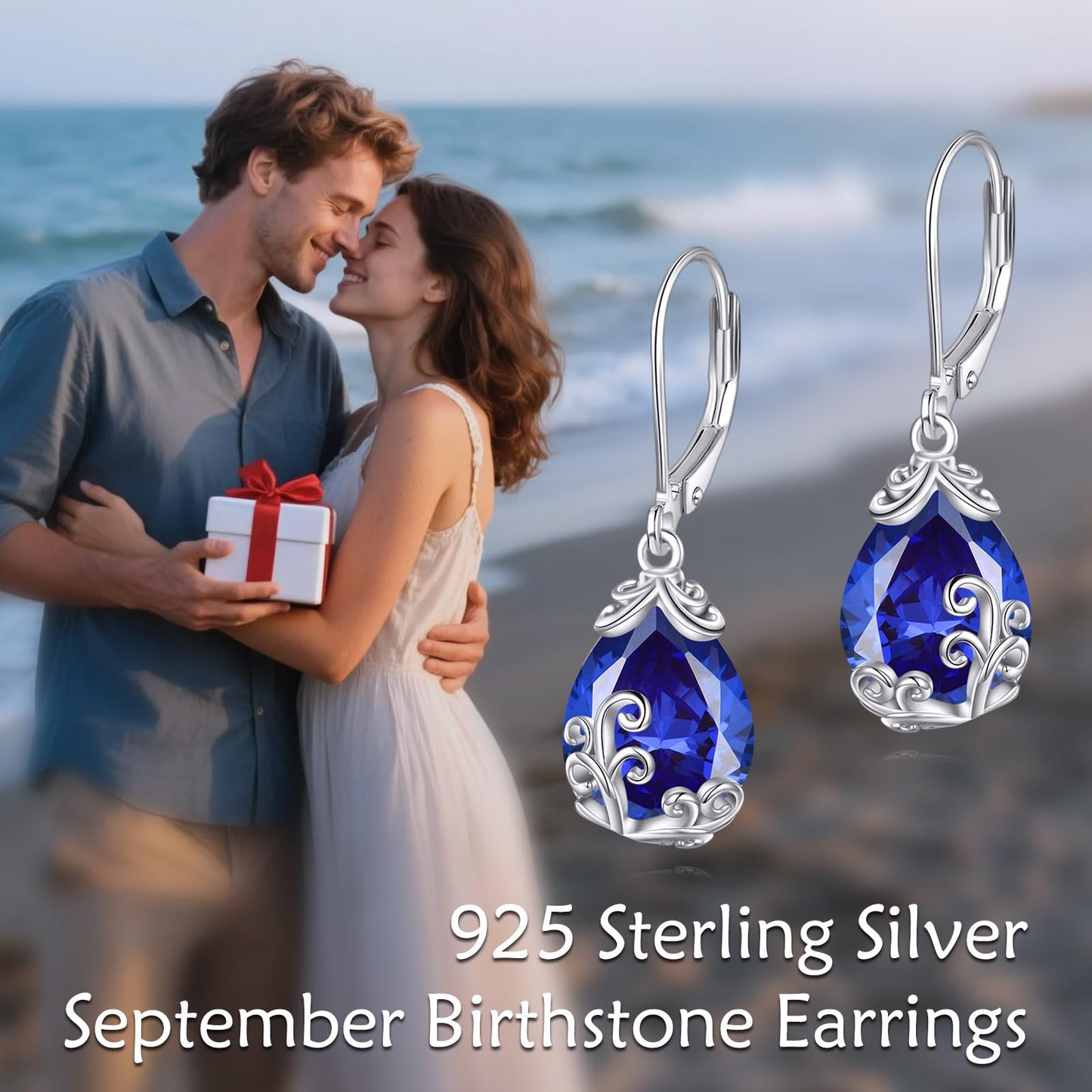 POPLYKE BirthStone Filigree Teardrop Drop Earrings Sterling Silver Sapphire Leverback Earrings September Birthstone Dangle Jewelry Gifts for Women