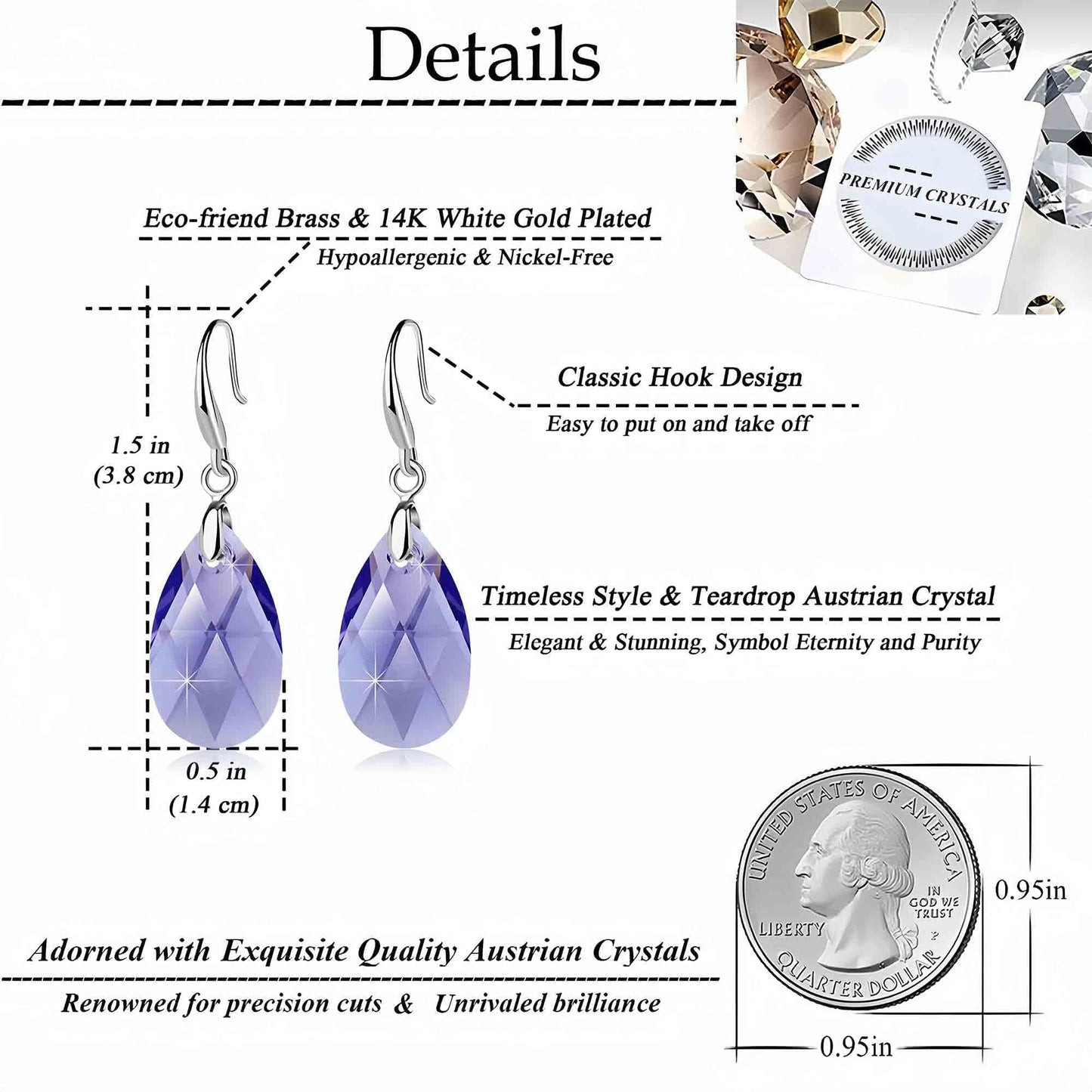 Austrian Crystal Teardrop Dangle Hook Earrings for Women 14K Gold Plated Hypoallergenic Jewelry (Tanzanite)