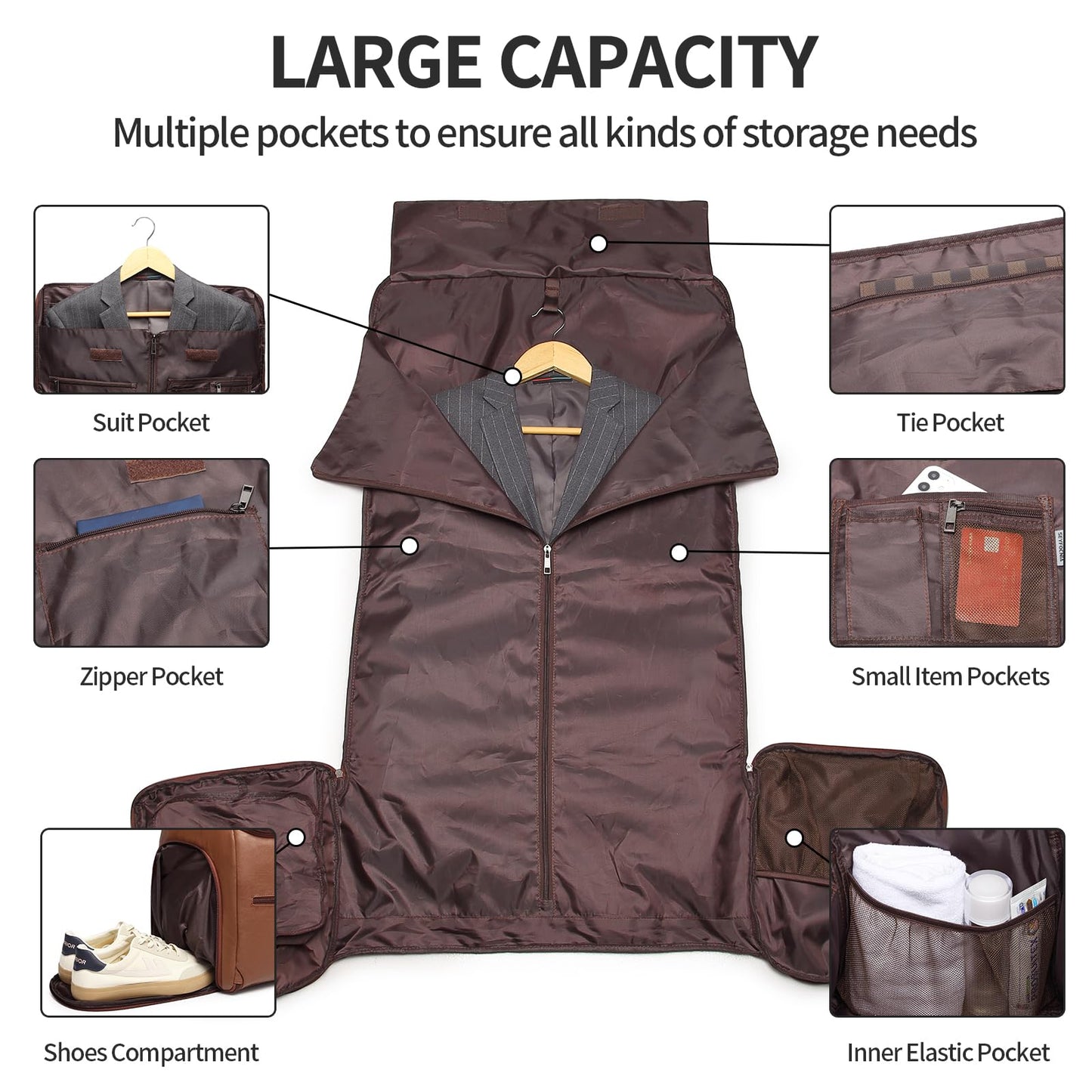 seyfocnia Garment Bag with Shoe Pouch Carry On Convertible Travel Duffel Bag for Men Women, 2 in 1 Hanging Suitcase Suit Business Travel Bag, Brown