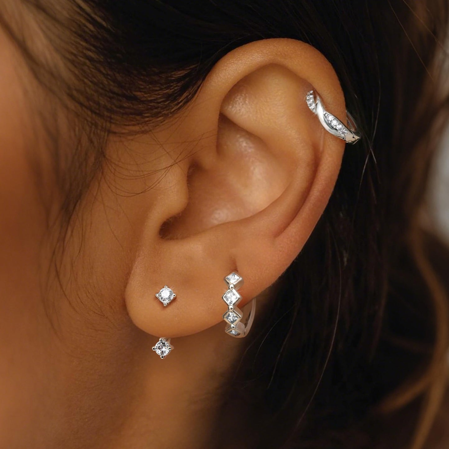 MILACOLATO 3Pairs 925 Sterling Silver Earrings for Women, Sterling Silver Filled Small Huggie Hoop Earrings Sets for Multiple Piercing Hypoallergenic, CZ Cartilage Earrings Stacks Trendy Earrings, H