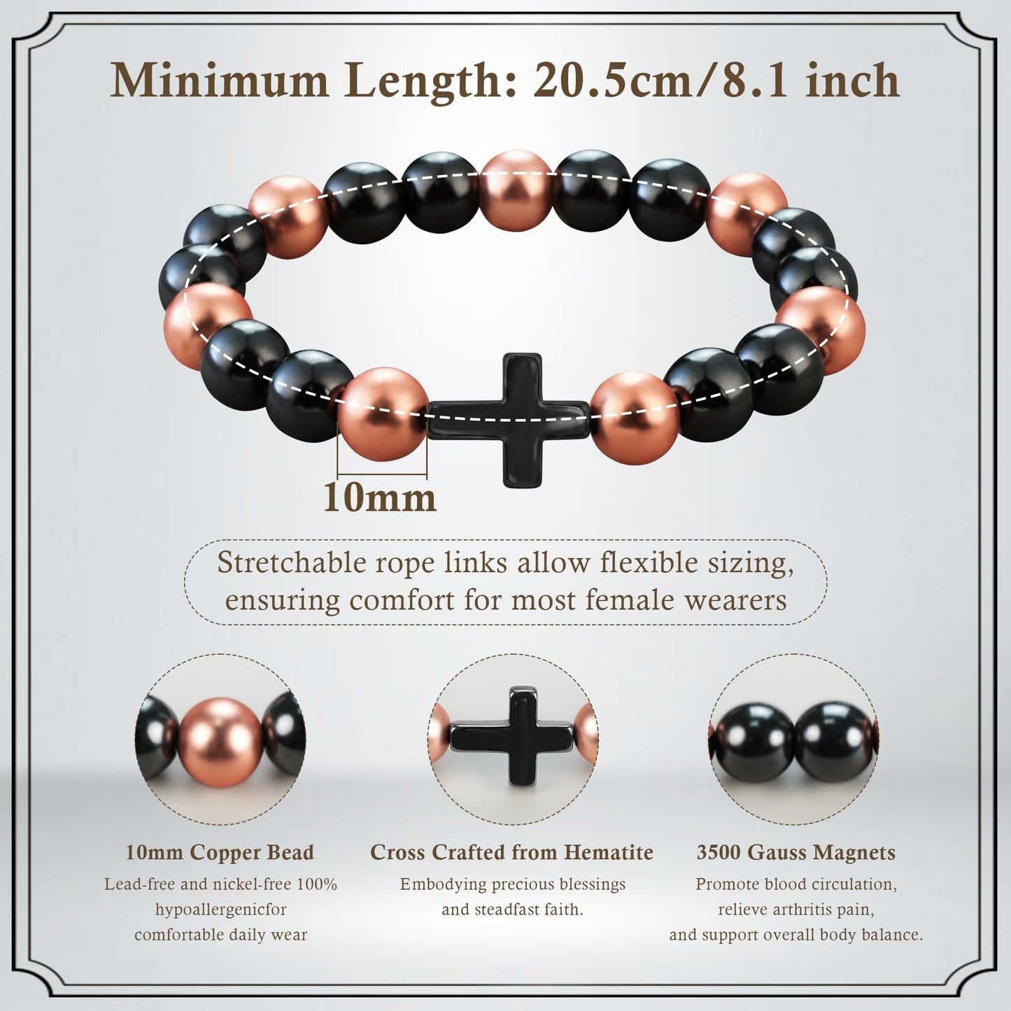 PEALICIOUS Copper Bracelet for Women and Men, 10MM Cross Copper Magnetic Bracelets with 3500 Gauss Magnetic Bead as Christian Jewelry for Dad, Cooper Hematite Jewelry Pulsera de Cobre Para Hombres