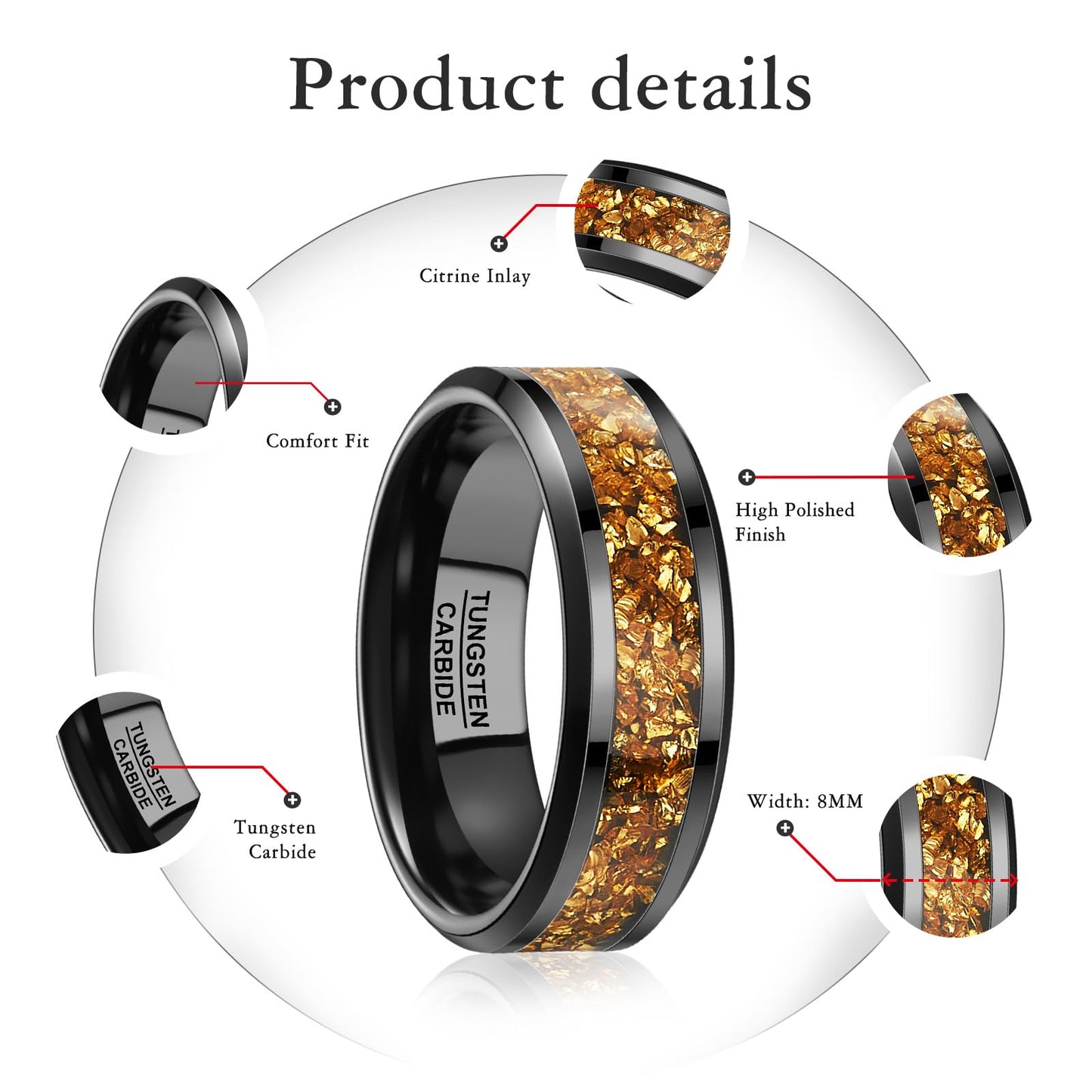 NUNCAD Men's Tungsten Rings 8mm Black Wedding Band Inlaid with Citrine Center Polished Domed Comfort Fit Size 7
