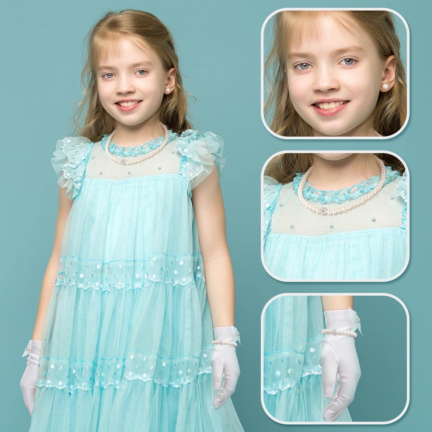 Geyoga 4 Pcs Pearl Necklace Set for Little Girls Toddler Girls Jewelry Communion Gloves for Kids Christmas Tea Party Wedding(Modern Style,4-8 Years)