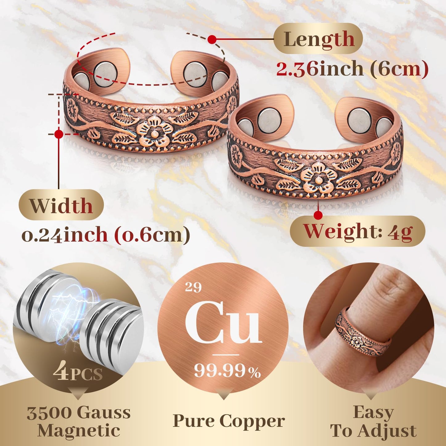 Copper Rings for Women, Thumb Rings 99.99% Pure Copper Magnetic Rings with 3500 Gauss Magnets,Copper Jewelry for Women with Box(2 PCS)