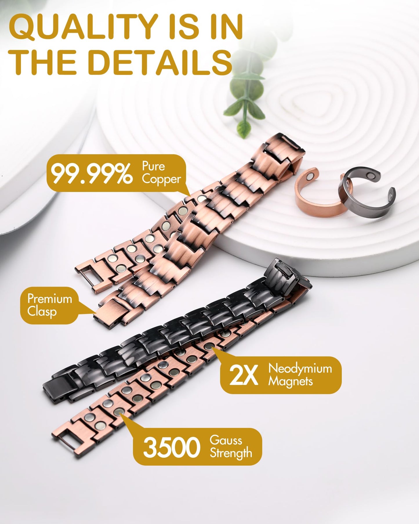 Feraco Men's Copper Magnetic Bracelet and Ring Elegant 99.99% Solid Copper Bracelets with Double-Row Strong Magnets, Magnetic Field Therapy Jewelry