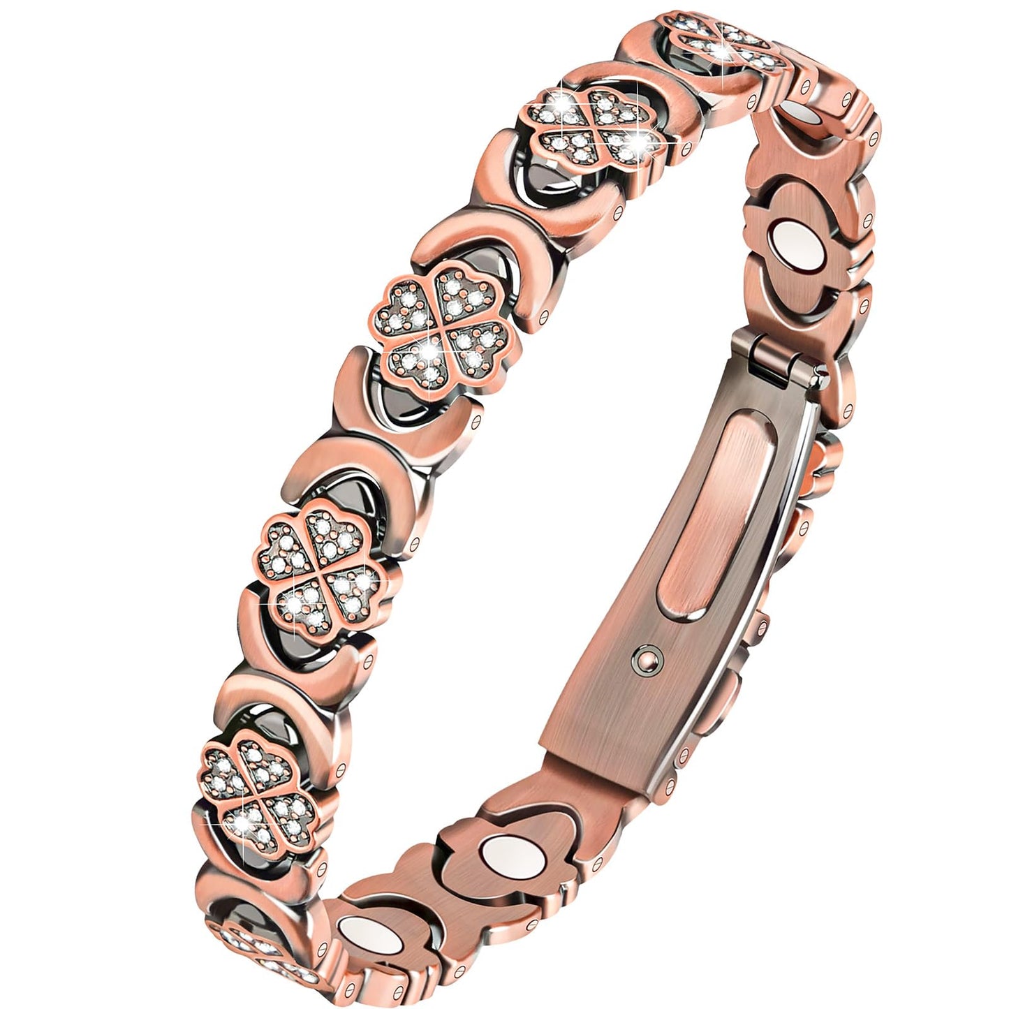 vapeples Copper Bracelets for Women, 3800 Gauss, 99% Pure Copper Magnetic Bracelet, Adjustable Sizing, Four-Leaf Clover Women's Bracelets with Sparkling Cubic Zirconia, Gift Packaging
