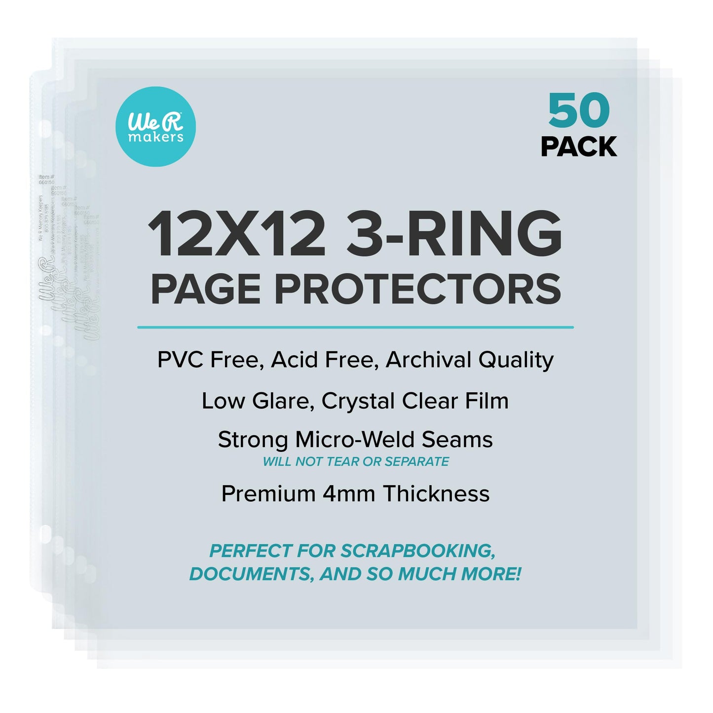 We R Memory Keepers, Page Protector Sleeve Set,12 x 12, Includes 50 Pages, Non-Glare, Compatible with Most 3 Ring Albums, Perfect for Scrapbooking, Document Storage and More
