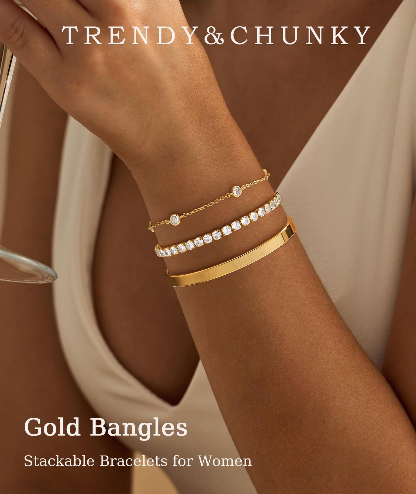 ZOERAY Silver Gold Bangle Bracelets for Women Non Tarnish 14k Gold Plated Stackable Cuff Bracelets for Women Trendy Cubic Zirconia Stainless Steel Chunky Bracelet Stack Set Waterproof Jewelry Gifts