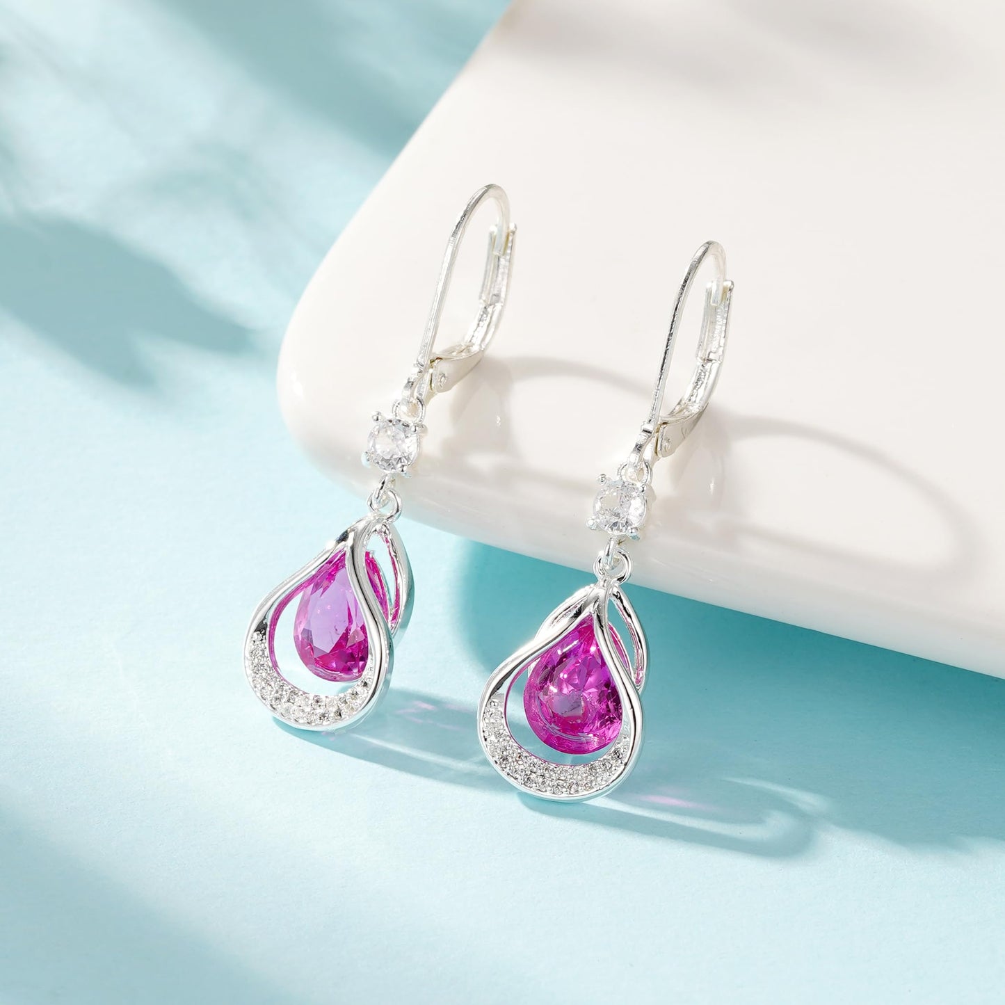 Dangle Trendy Leverback Birthstone Earrings Sliver Plated Teardrop Dangle Earrings Jewelry Christmas Birthday Gifts for Women (Sliver October)