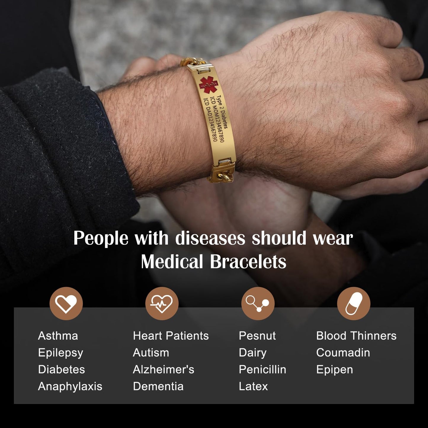 Bijouweled Medical Alert Bracelet for Women Men 7.5 to 9.8 Inches Emergency ID Bracelets Free Engraving Personalized Medic Alert Bracelet for Adult (Gold 7.5-9.8inch 3 sizes)