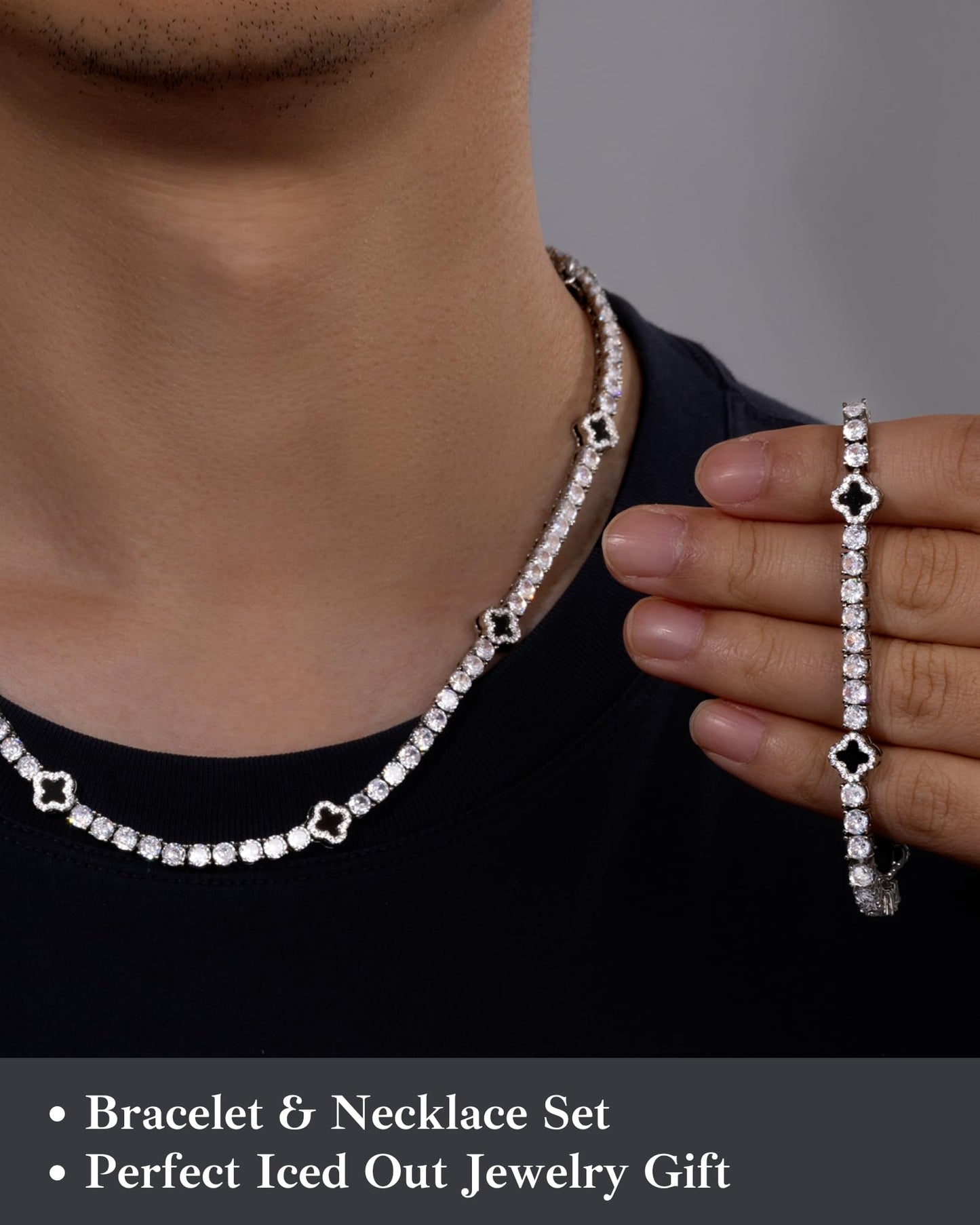 LuxeFlex 4mm Iced Out Clover Tennis Bracelet, White Gold Plated with 5A Zircon Stones, Handmade exquisite Hip Hop Jewelry, Perfect Unisex Gift (White Gold, 7)