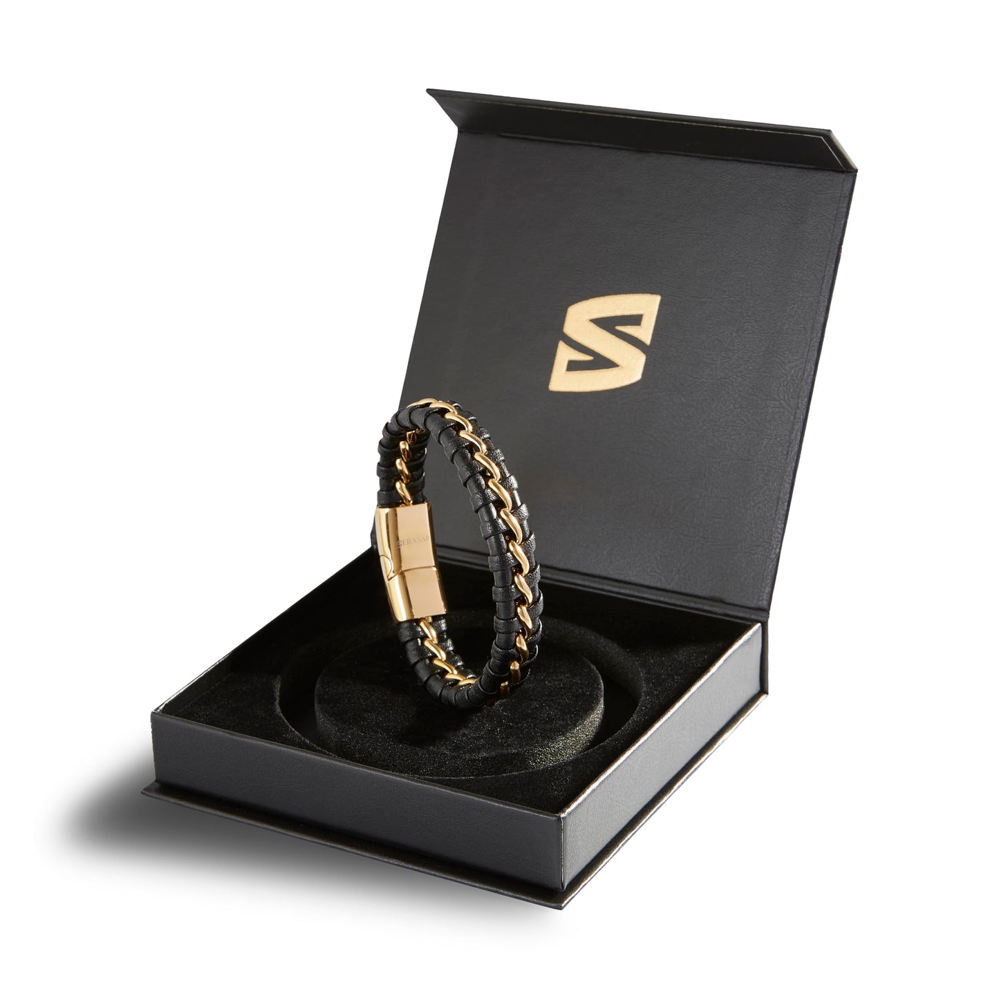 SERASAR 8″ Gold Leather Bracelets for Men Mens Cowhide Gift Box Braided Bracelet Stainless Steel Jewelry Wrist Band Cuff Wrap Rope Bangle Dad Man Pulseras para Hombres Cuero Regalo