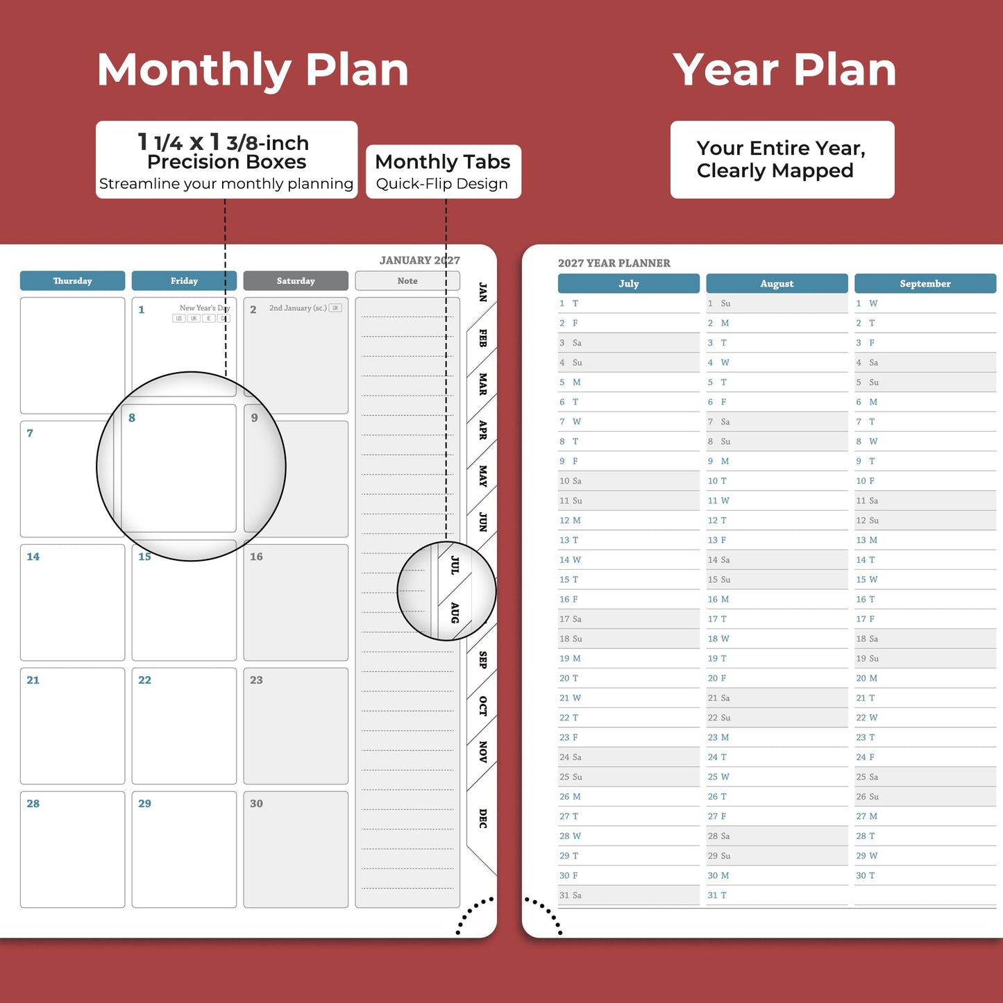 IN-LUXPRO Weekly Monthly 2026-2027 Planner (July 26-Dec 27),8.5"x6.5",18 Months Agenda Plan with Month Tabs & Pocket,Expenses/Note Pages, Academic Calendar with Vegan Leather Cover,Red