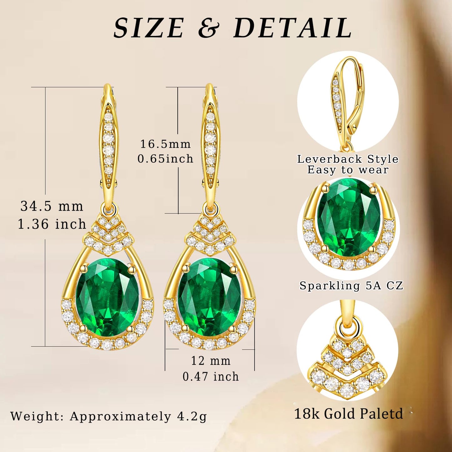 Green Emerald Dangle Earrings 18K G Plated Sterling Silver May Birthstone Teardrop Leverback Drop Earring for Women Lady | Wedding Jewelry Gifts for the Bride | Hypoallergenic Oval Cut CZ Earrings