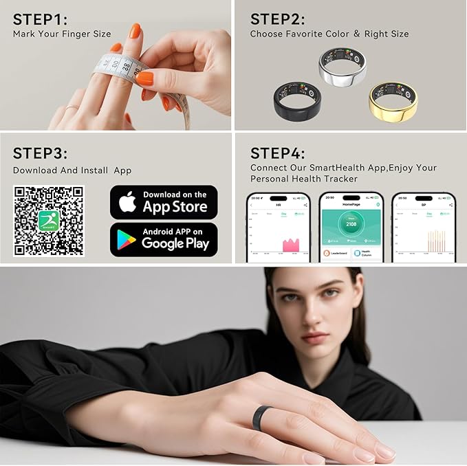 Smart Rings for Women Men,Fitness Tracker Ring,Heart Rate,Blood Oxygen,Blood Pressure,Step Tracker,Sleep Monitoring,No Subscription Fee,IP68 Waterproof Smart Ring for iphone&Android(Black 11)