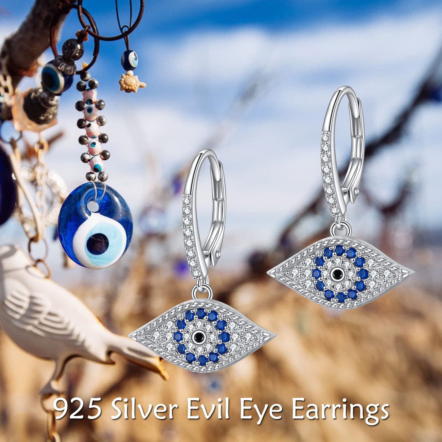 VONALA Evil Eye Earrings 925 Sterling Silver Leverback Dangle Earrings Turkish Blue Eye Drop Dangling Earrings Protection Jewelry Gift for Women