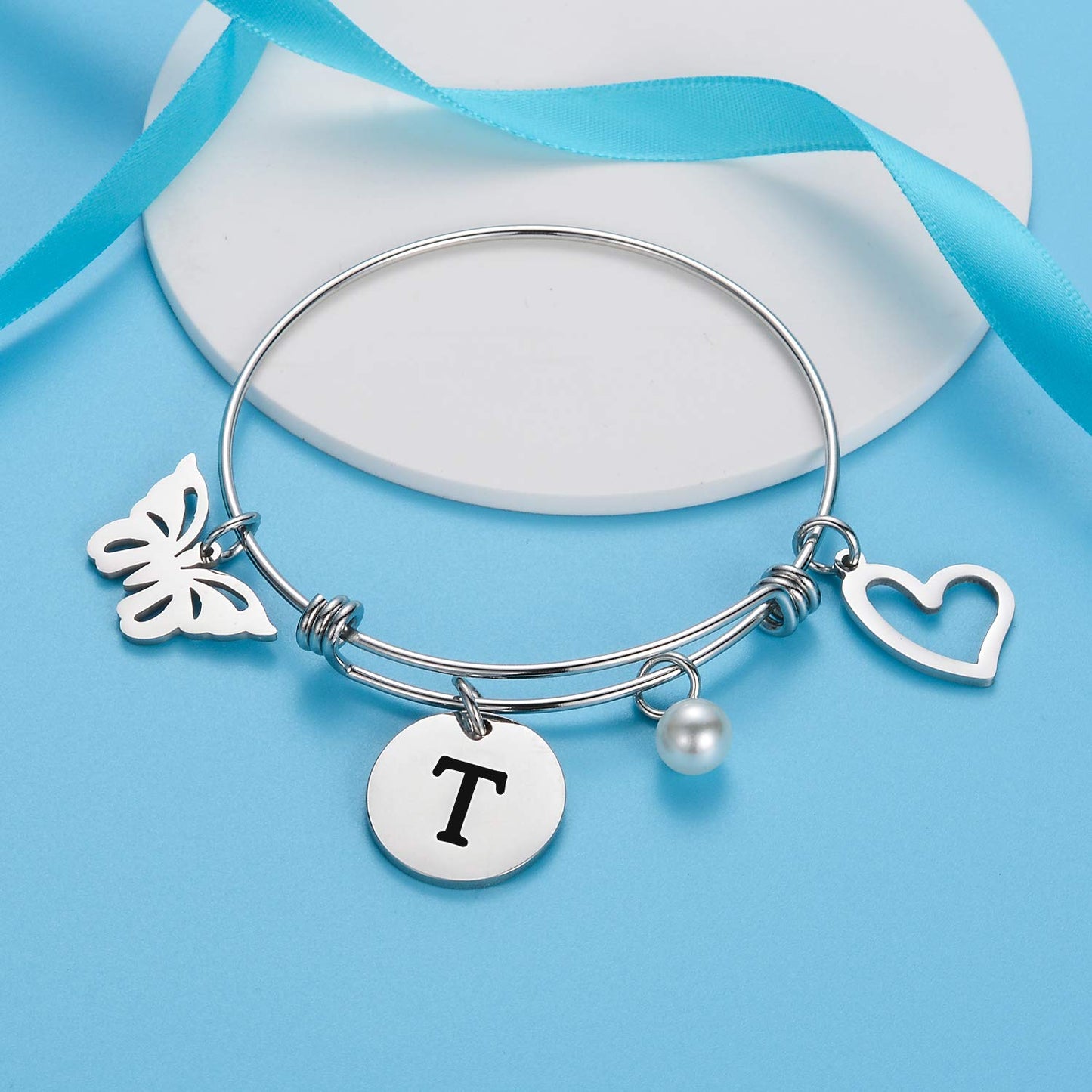 malyunin Initial Bracelet Charm Bracelets Heart Butterfly 26 Letters Alphabet Bracelet for Women Letter Bracelet Personalized Jewelry (T)