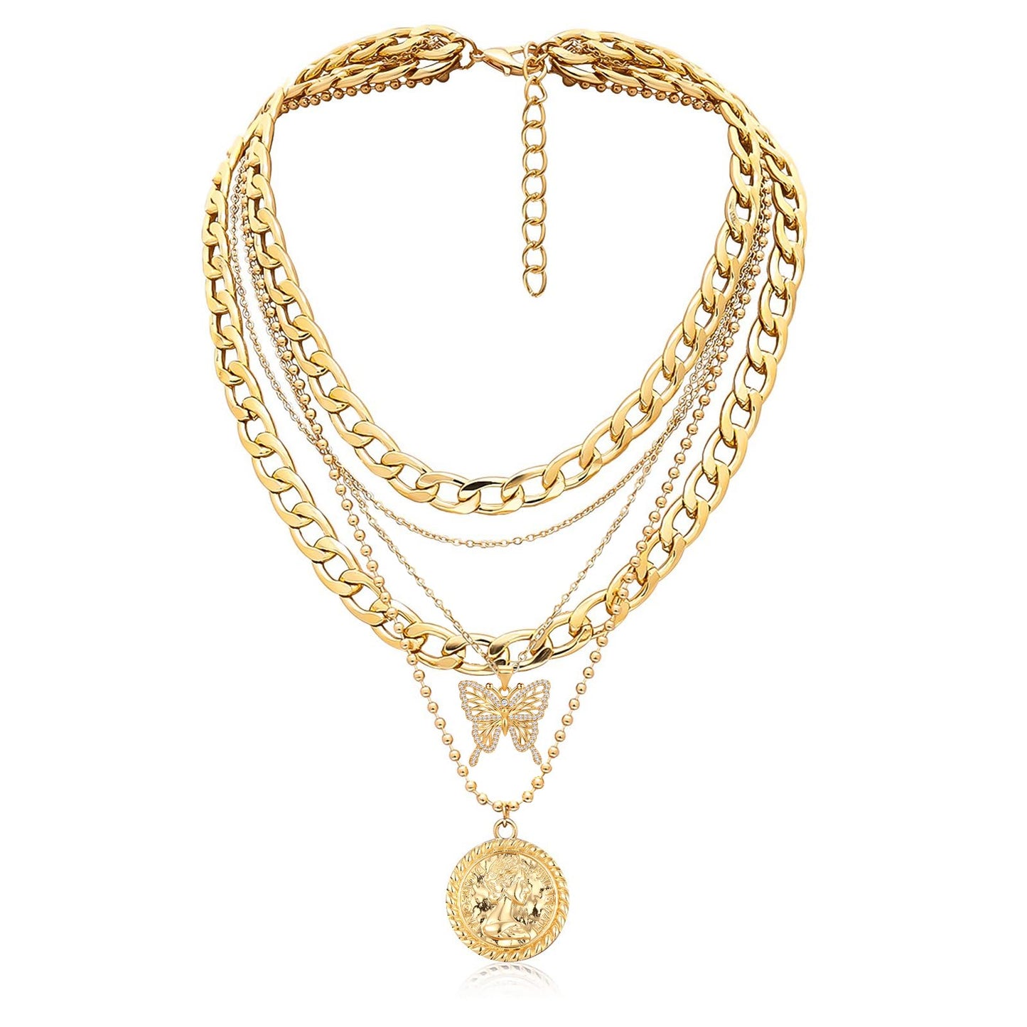 MJartoria Gold Layered Necklaces for Women Trendy Retro Coin Pendant Necklace Dainty Chunky Chain Choker Necklaces for Jewelry Birthday Gifts (Gold, A-X-Hollow Butterfly-5 in 1 Layered)