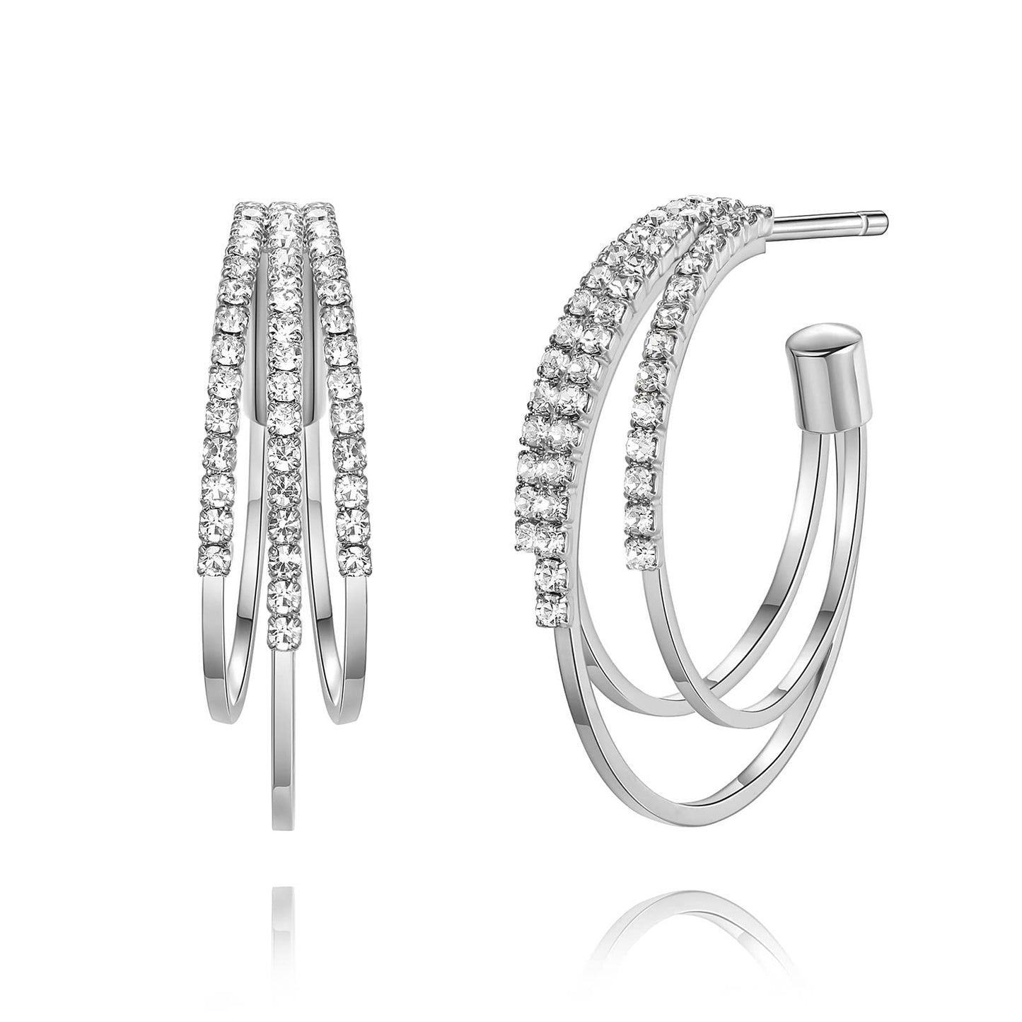 GLOQUAT Silver Plated Hoop Earrings for Women Trendy Triple Silver Earrings for One Hole Elegant Double Hoops Earring Lightweight and Hypoallergenic Sparkly Jewelry Gifts 30mm
