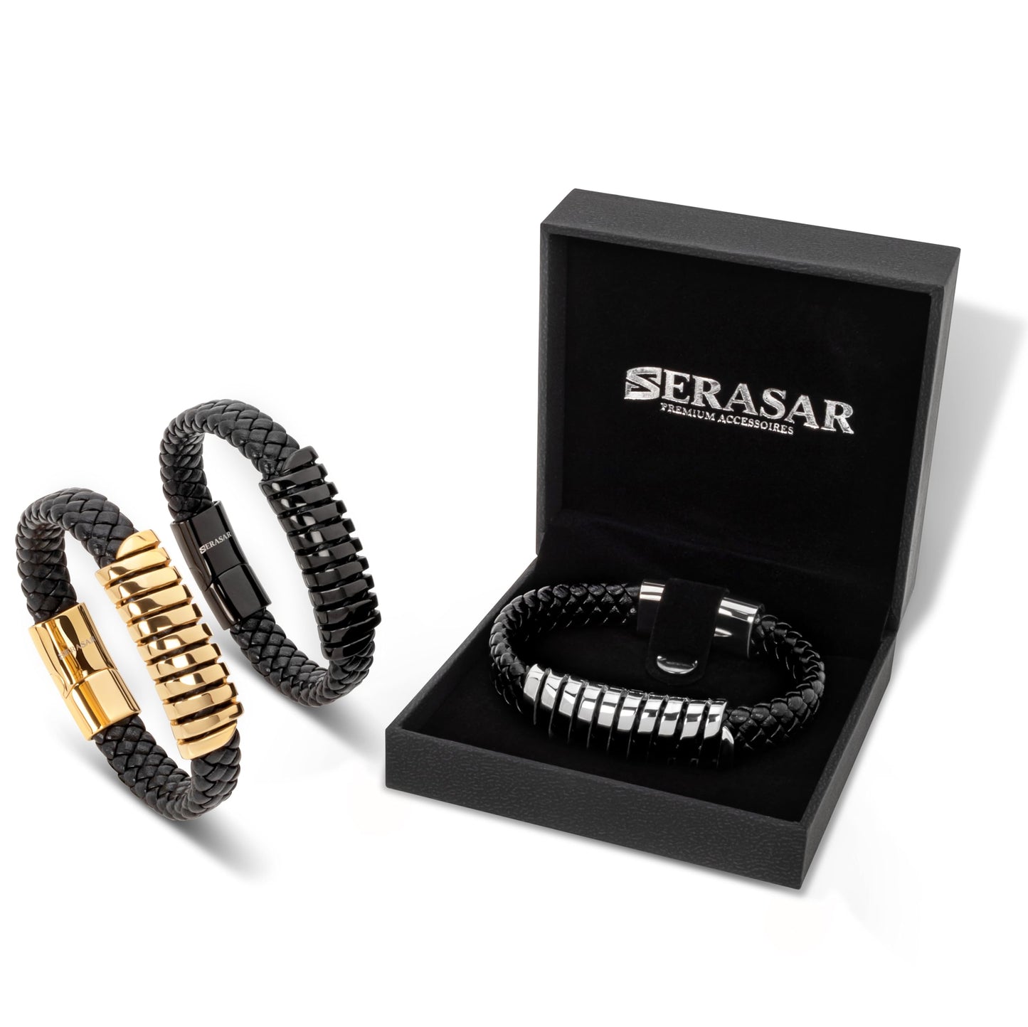 SERASAR Mens Leather Bracelet 20cm Black Men Gift Box Genuine Braided Adjust Able Magnetic Clasp Multi Layer Wrap Rope Man Mans Bracelets Jewelry Magnet Accessories