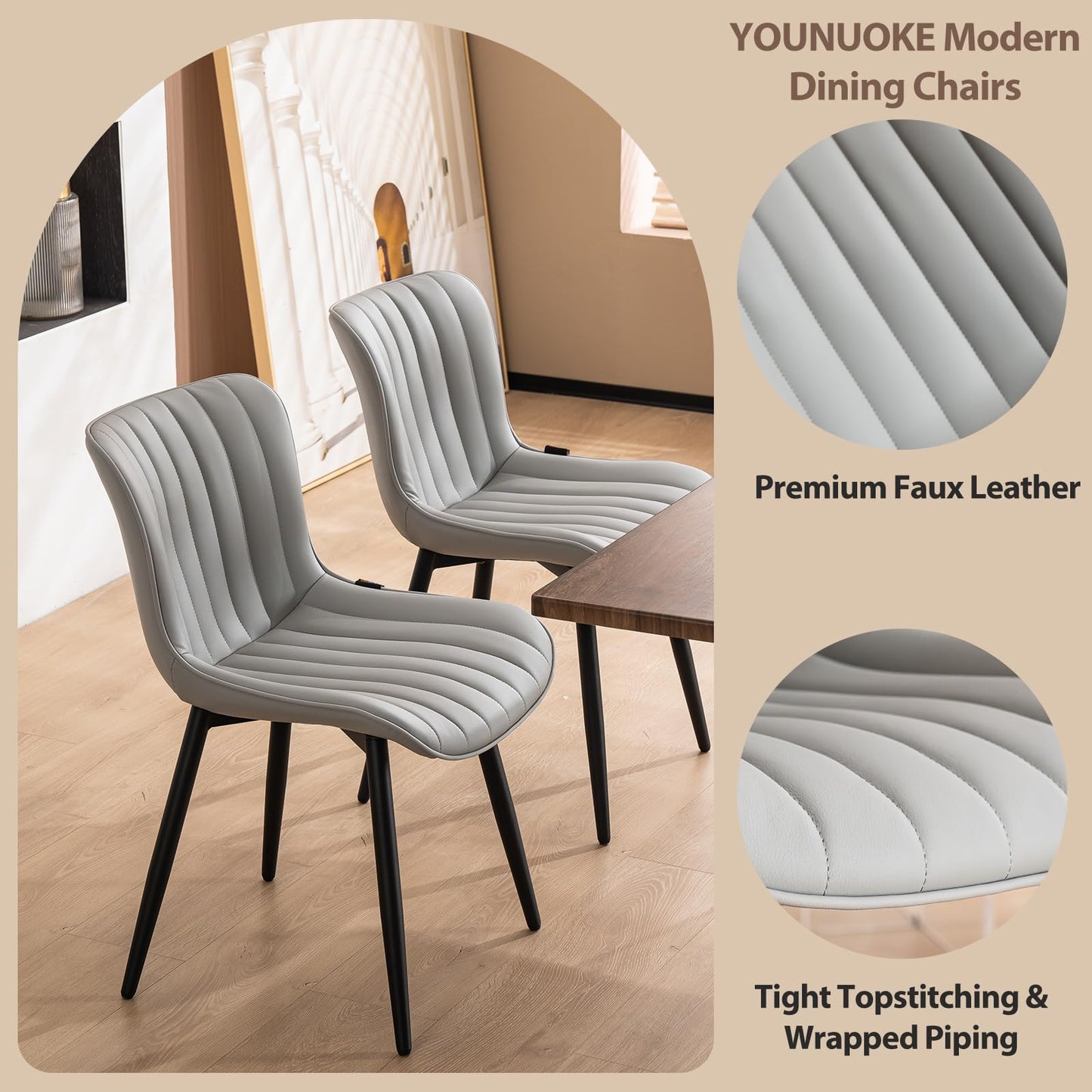 YOUNUOKE Mid-Century Modern Dining Chairs Set of 2, Grey PU Leather Upholstered Kitchen Chairs with Black Metal Legs, Armless Accent Chair for Dining Room, Guest Reception Room