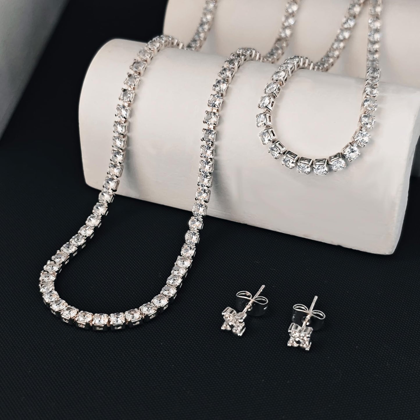 LULII Tennis Necklace Set for Women Dainty Sterling Silver Necklace and Earring Sets Diamond Leaf Stud Earrings Crystal Bracelets for Women Silver Jewelry Sets for Bride Gift