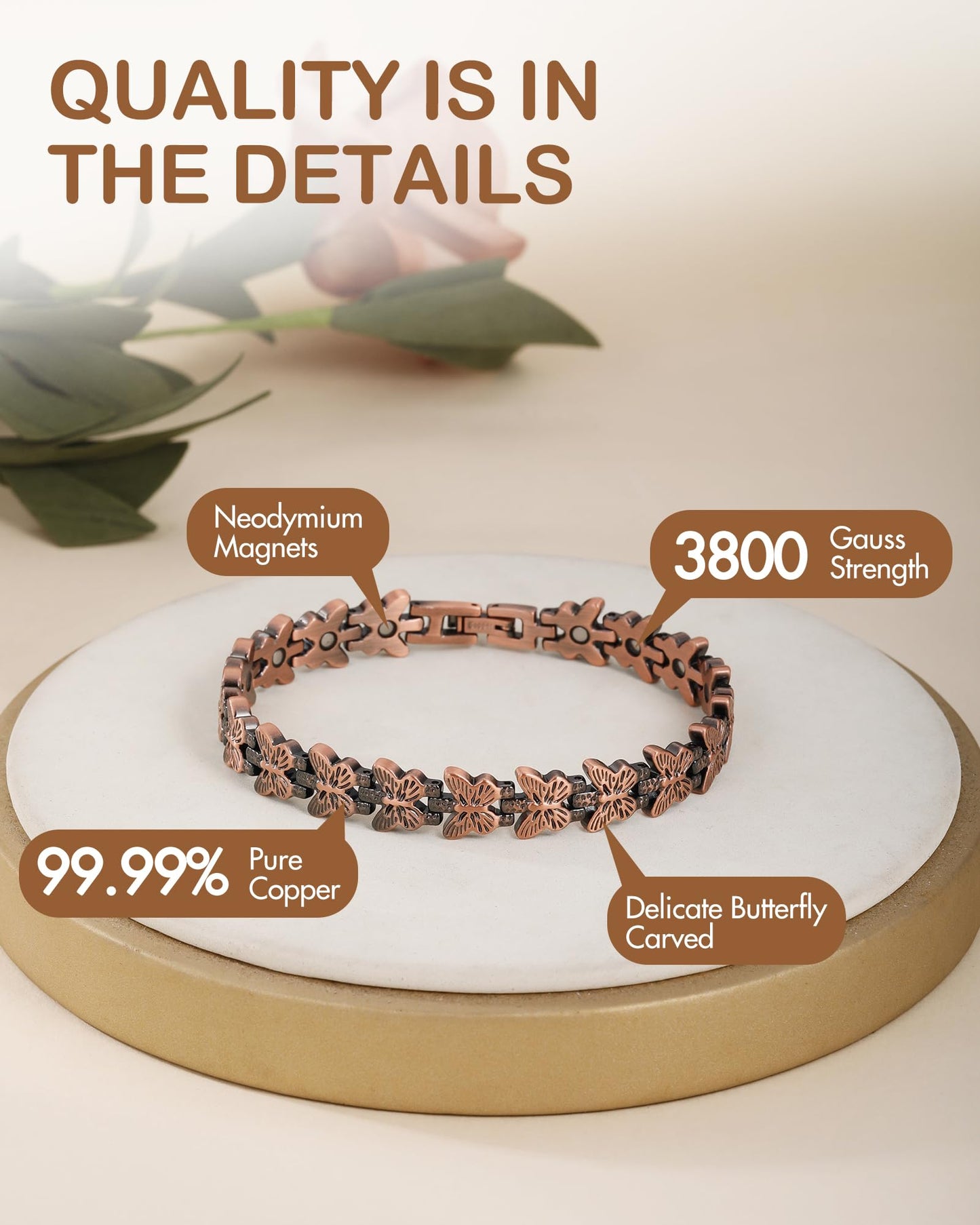 Feraco Pure Copper Bracelets for Women, Ultra Strength Magnetic Copper Bracelet with 3800 Gauss Magnet, Adjustable Jewelry Gift with Butterfly-Engraved