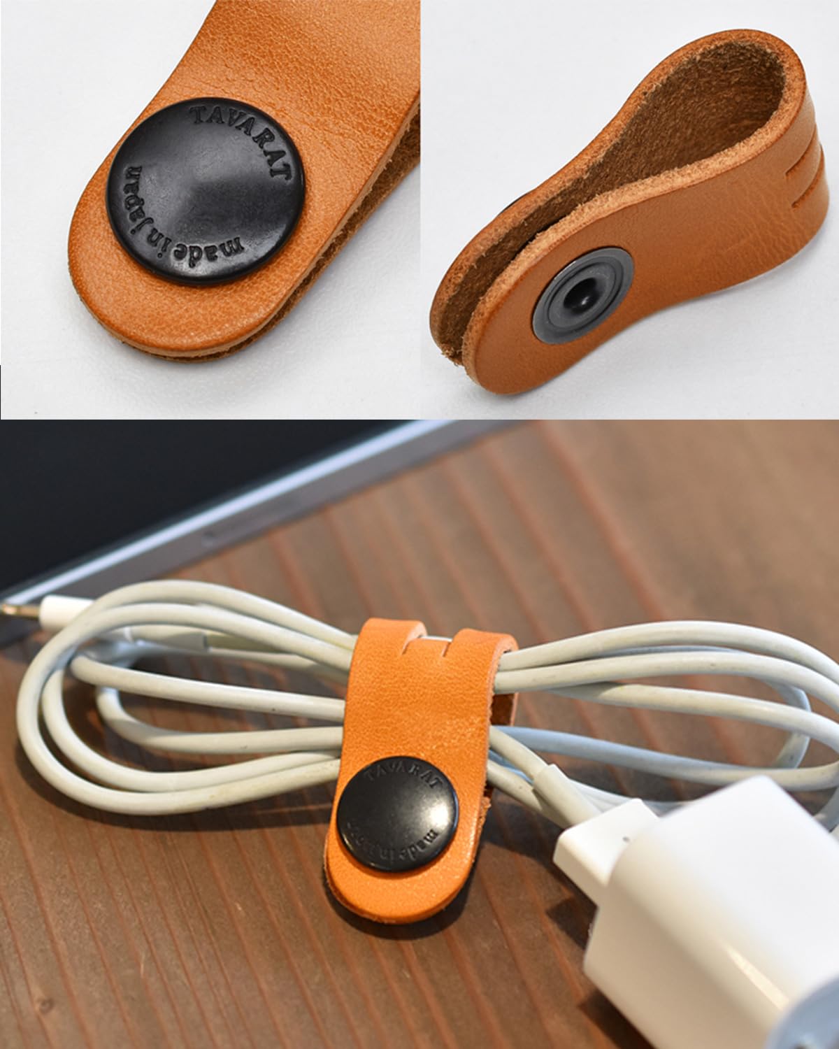 TAVARAT Cord Organizer, Cable Organizer, Charger Organizer, made in Japan, Genuine Leather, Cable Straps, Cable management, Cable Holder (Camel, set of 3)