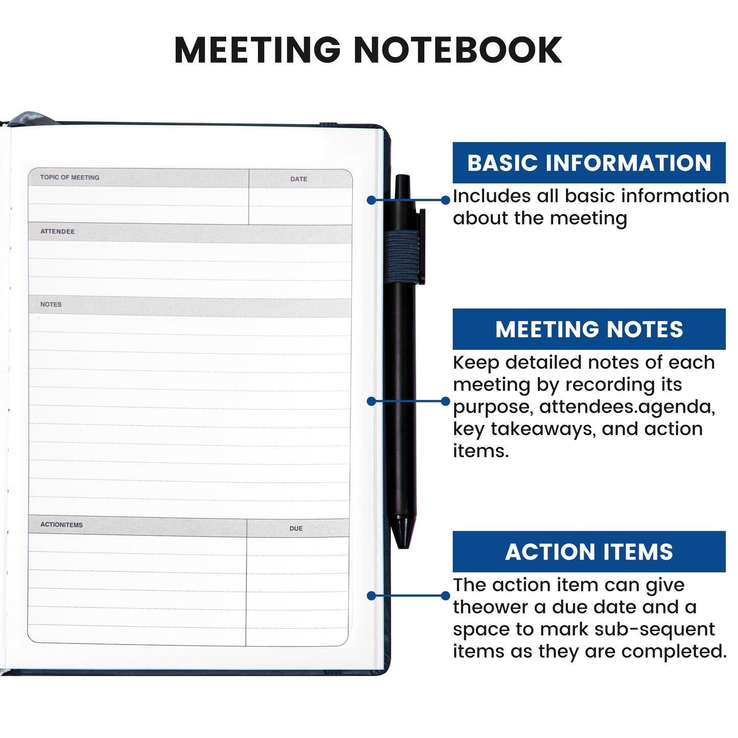 Yoment Meeting Notebook for Work with Action Items Hardcover Leather 5.5X 8.5 Office Project Planner for Women Men Meeting Notes Notebooks for Work,Dark Blue